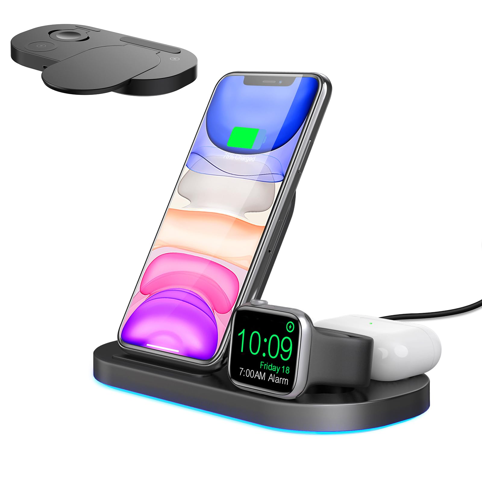 3-in-1 Wireless Charging Station - Qi Certified Fast Charger Stand for iPhone 12/11/XS/XR/X/8, Apple Watch Series 6/5/4/3/2 & AirPods 2/Pro - Perfect for Bedside, Office Desk & Travel Charging