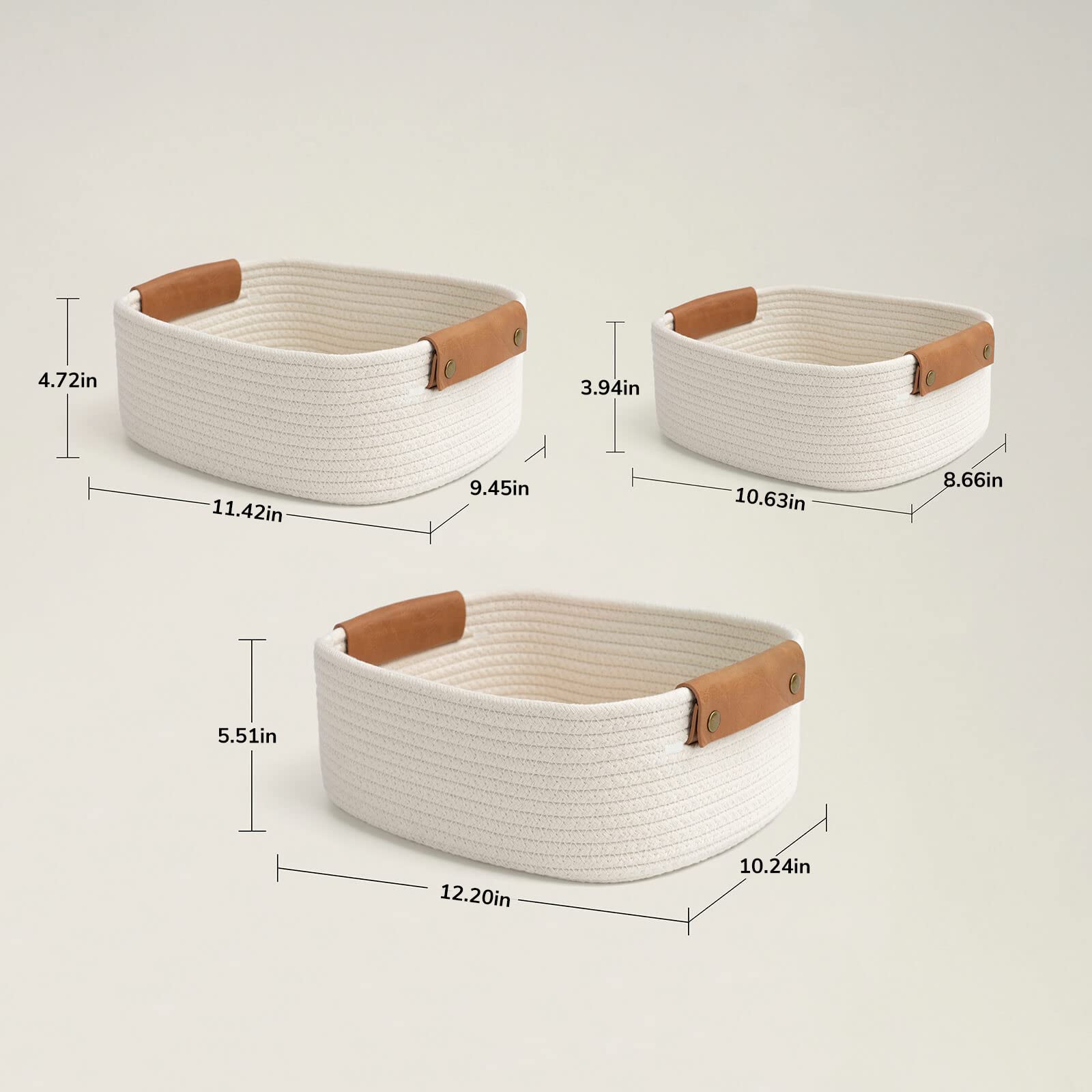CHICVITA 3-Pack Rectangular Cotton Rope Storage Baskets with Handles - Woven Organizer for Books, Magazines, Toys | Perfect Nursery, Living Room & Home Decor Gift | Great for Baby Rooms, Shelves and Closet Organization