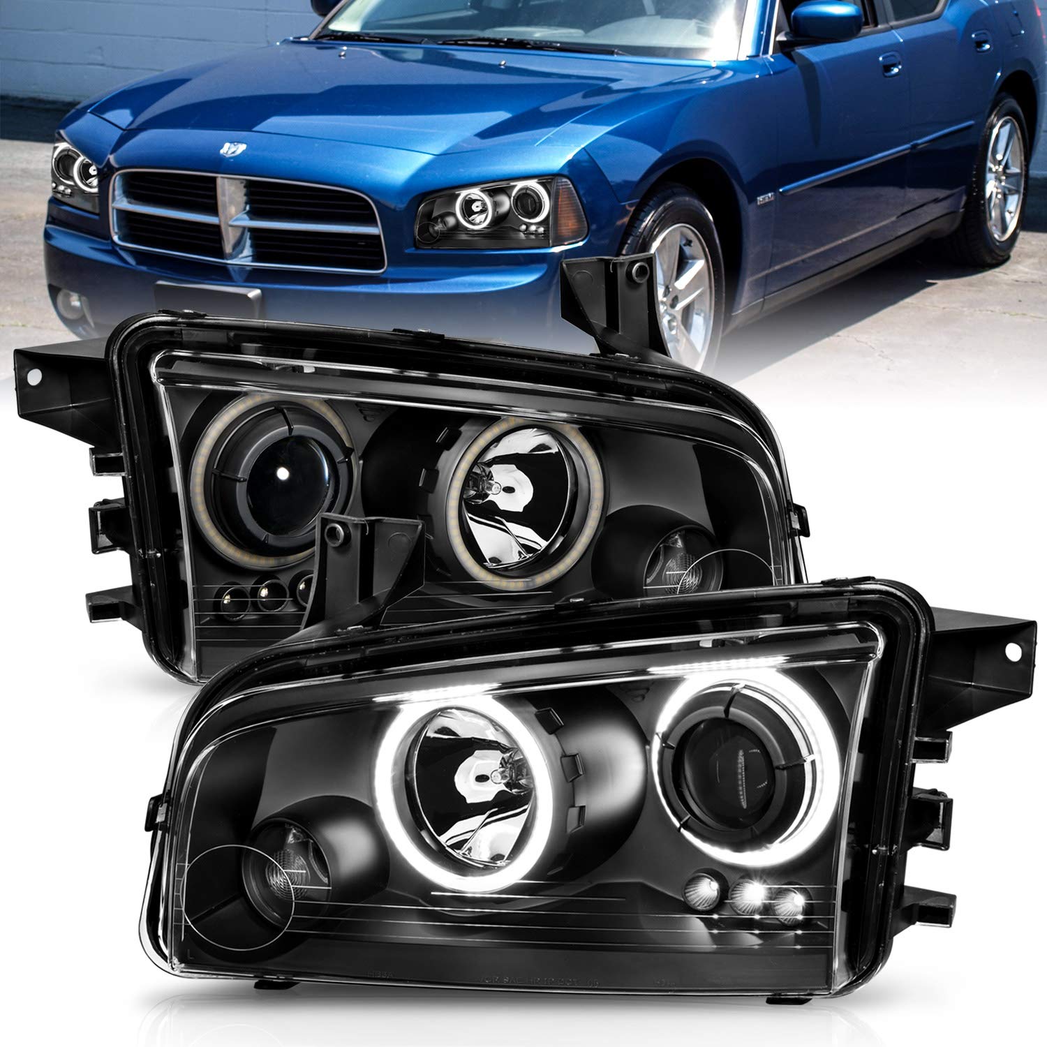 2006-2010 Dodge Charger Replacement Headlights - Dual Xtreme LED Halo Rings Projector Black Headlamp Set (Driver & Passenger Side) | High Visibility Night Driving & Custom Car Styling