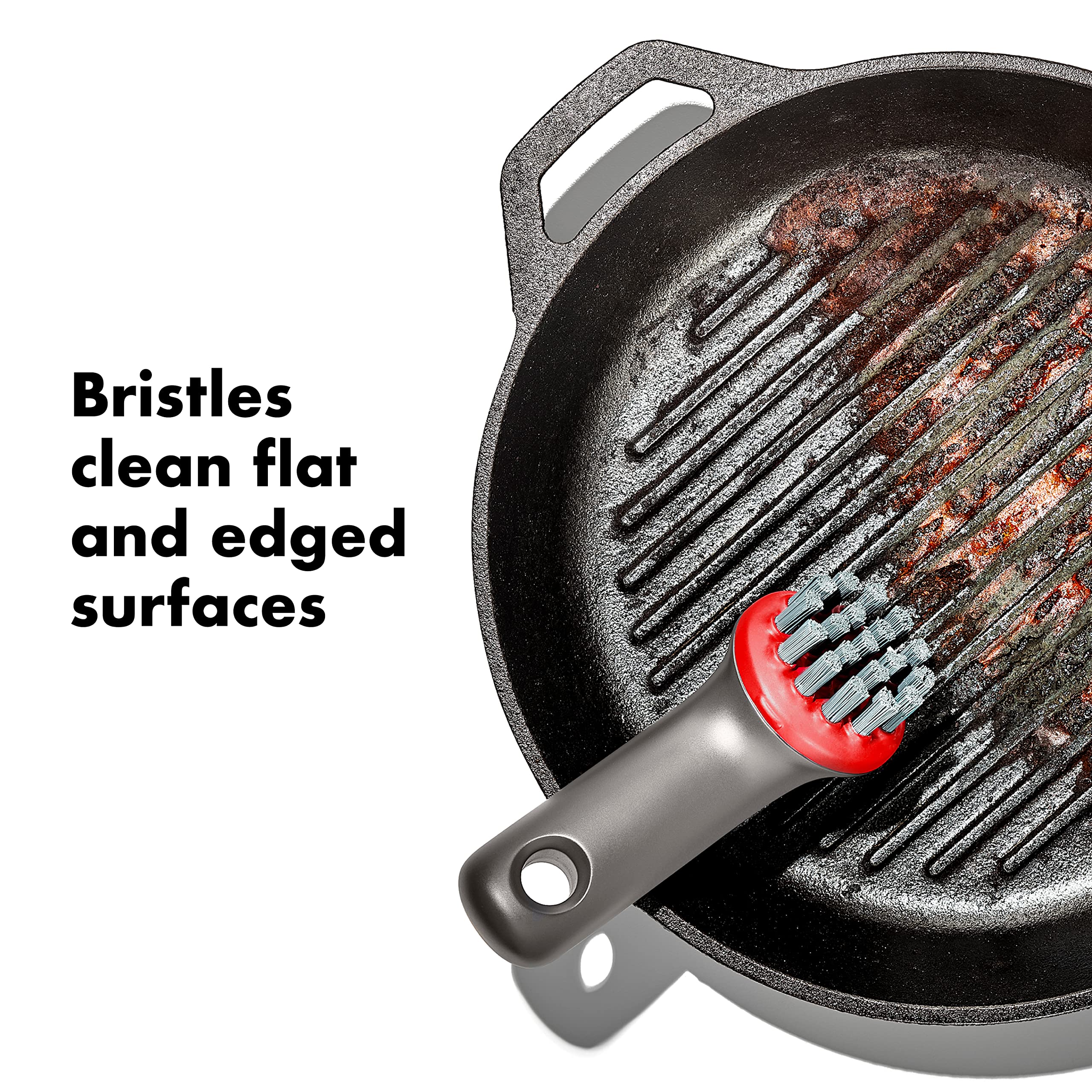 OXO Outdoor Heavy Duty Cast Iron Brush with Cover - Red/Grey - Perfect for Grill Cleaning, Camping Cookware & Outdoor Cooking Accessories