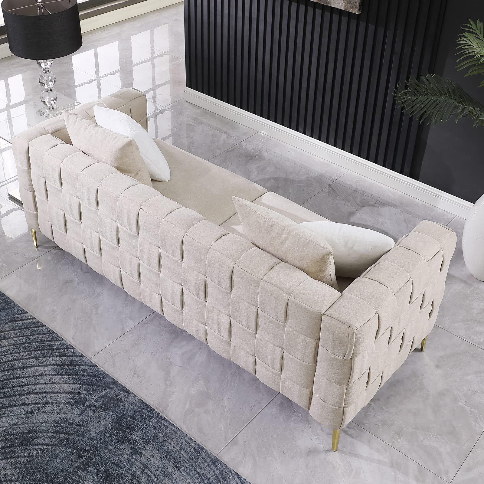 Yoglad Modern 3-Seat Tufted Velvet Sofa with Pillows & Metal Legs - 85