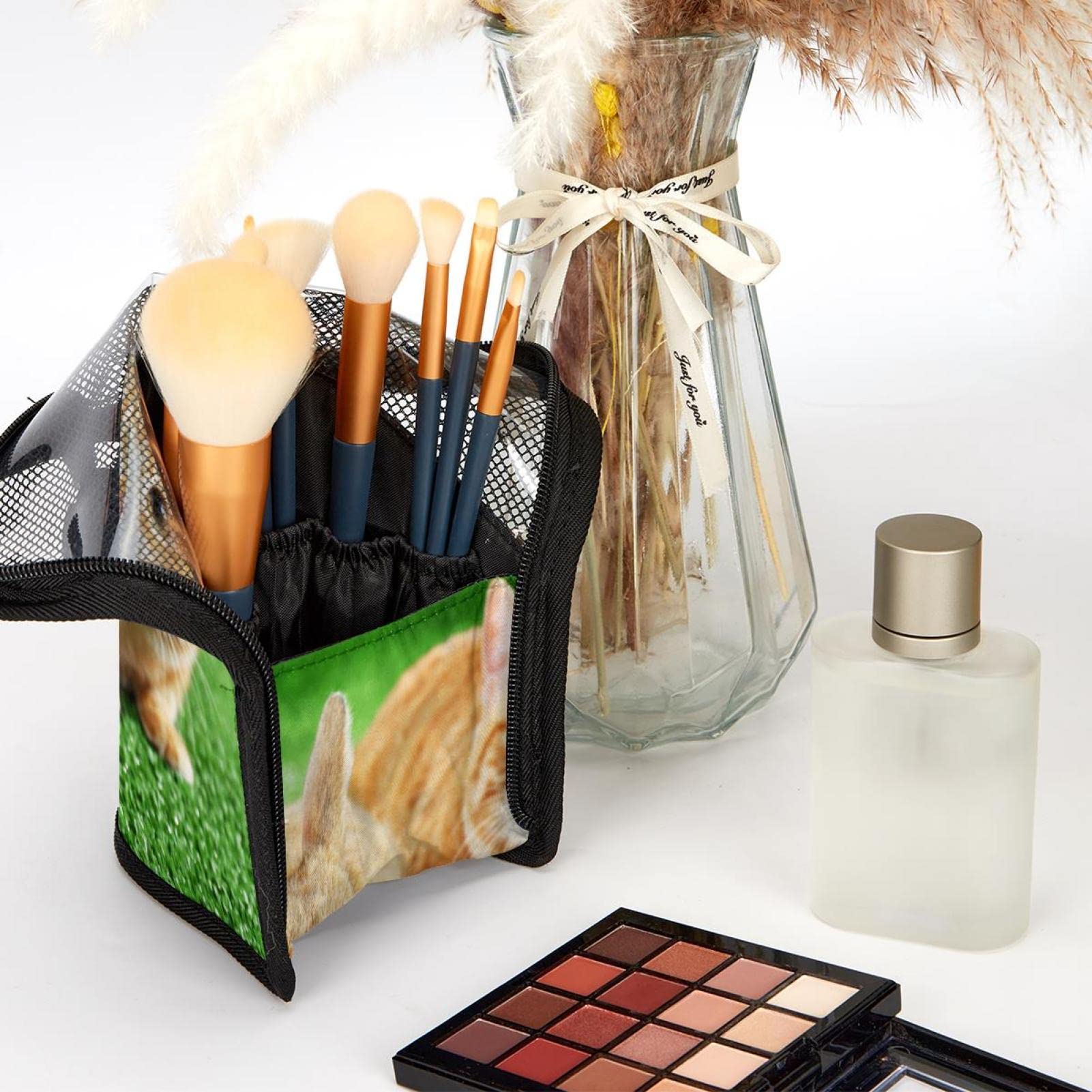 12-Piece Makeup Brush Organizer Bag with Red Cat Rabbit Design - Portable Cosmetic Brush Holder Case for Travel & Home Storage | Perfect for Makeup Artists & Beauty Enthusiasts