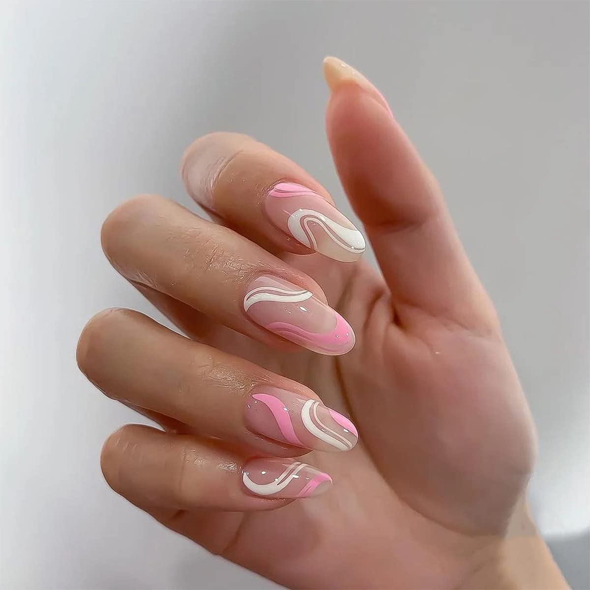 VIKSON INTERNATIONAL 24-Piece Press On Nails - Pink & White UV Gel Glossy Abstract Fake Nail Extensions Set with Nail Glue & Stickers - Perfect for Women & Girls | Salon-Quality Manicure at Home | Great for Parties, Weddings & Special Occasions