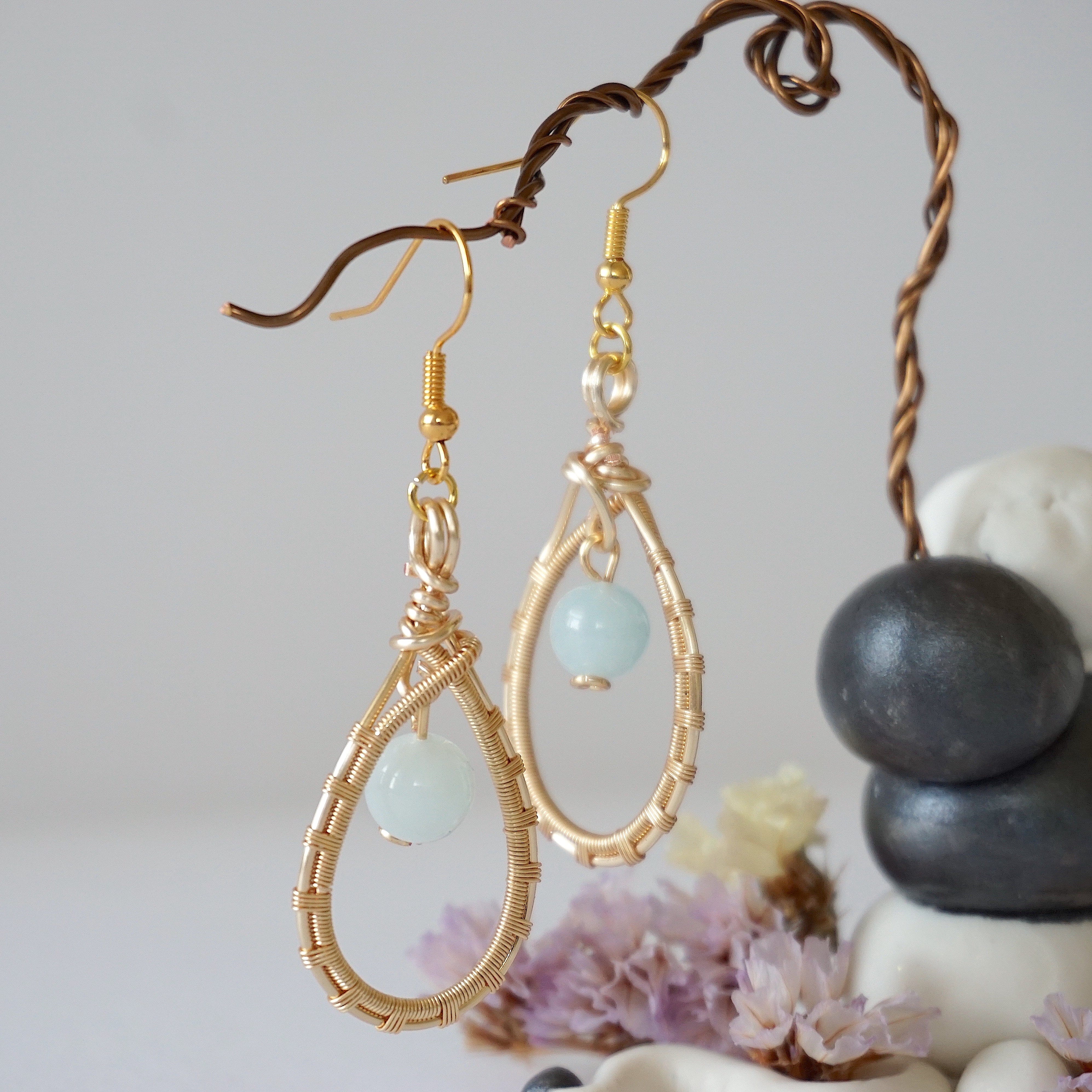 Aquamarine Round Wire Earrings - Gold Plated Sterling Silver Dangle Earrings for Women | Elegant Jewelry Gift for Birthday, Wedding & Everyday Wear