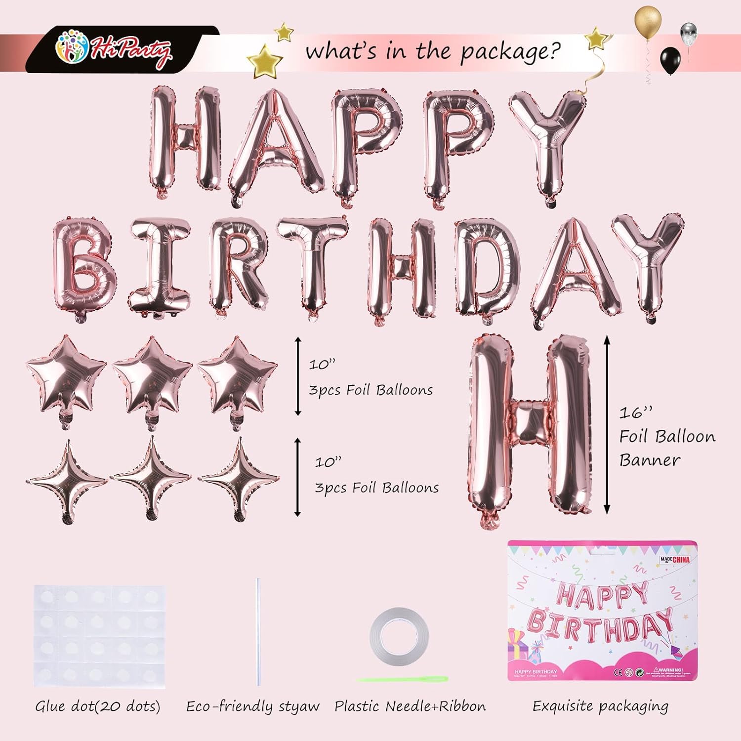 24pcs 3D Mylar Foil Happy Birthday Balloons with 6pcs Star Balloons - Rose Gold Birthday Party Decorations for Kids, Girls, Women & Adults | Perfect for Birthday Parties, Baby Showers & Anniversary Celebrations