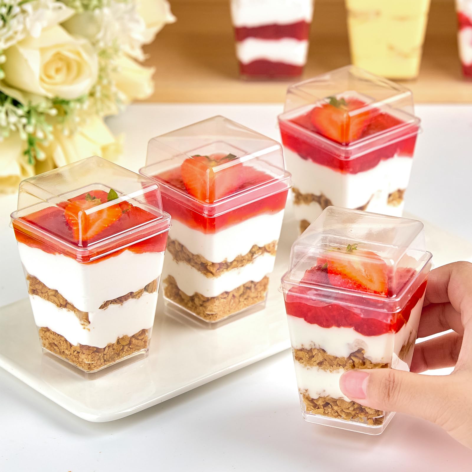 50 Pack 5 oz Clear Plastic Dessert Cups with Lids & Spoons - Square Mini Parfait Containers for Yogurt, Pudding, Ice Cream, Fruit & Appetizers - Perfect for Parties, Catering & Home Dessert Serving