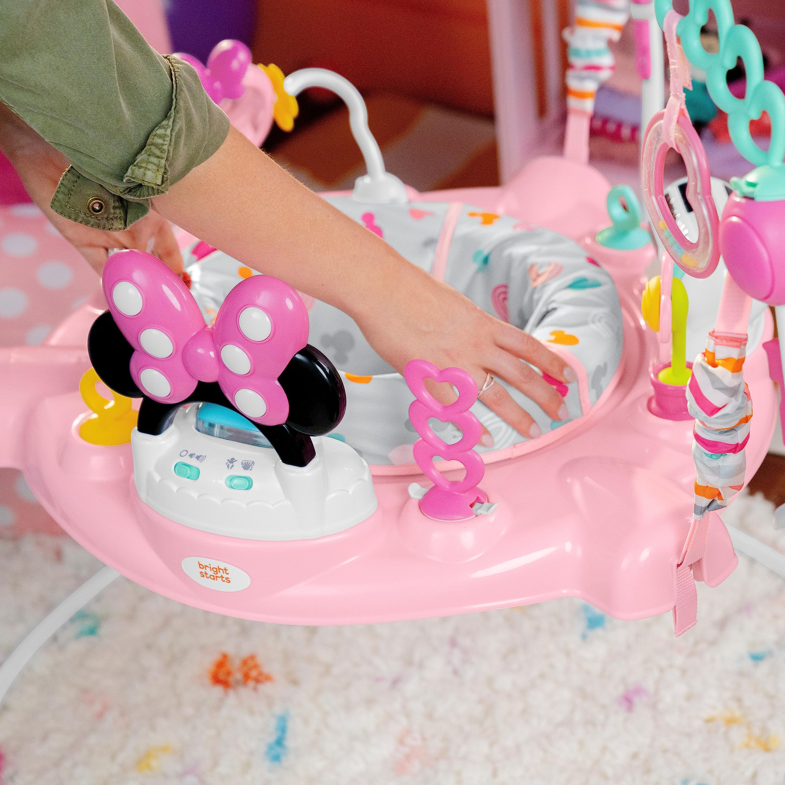 Bright Starts Disney Baby Minnie Mouse Forever Besties Baby Activity Jumper with 10 Interactive Toys, Lights & Sounds, 360-Degree Rotating Seat for Infants 6-12 Months (Pink) - Perfect for Playtime, Learning & Motor Skill Development