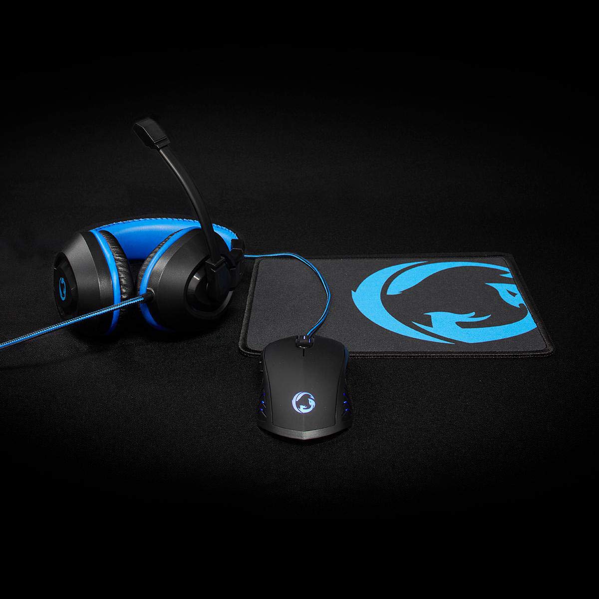 NEDIS Gaming Combo Kit - 3 in 1 PC Gaming Headset, Wired Mouse & Large Mouse Pad - Blue/Black - Perfect for Esports, Streaming & Online Gaming
