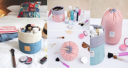 Large Capacity Drawstring Cosmetic Bag - Round Barrel Shape Makeup Organizer Pouch for Travel, Gym & Daily Use (Color May Vary) - Pack of 1