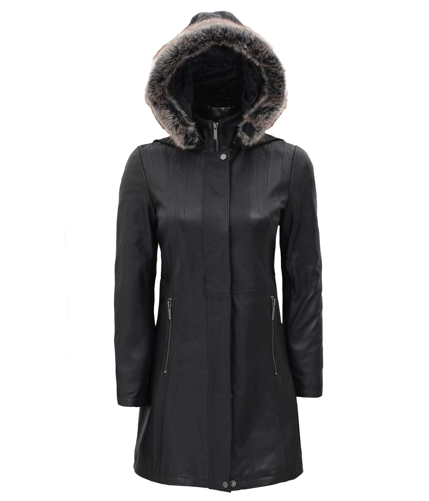 Blingsoul Women's Winter Coats - Genuine Lambskin Hooded Leather Jacket with Fur Trim | Warm Fashion Outerwear for Cold Weather & Street Style