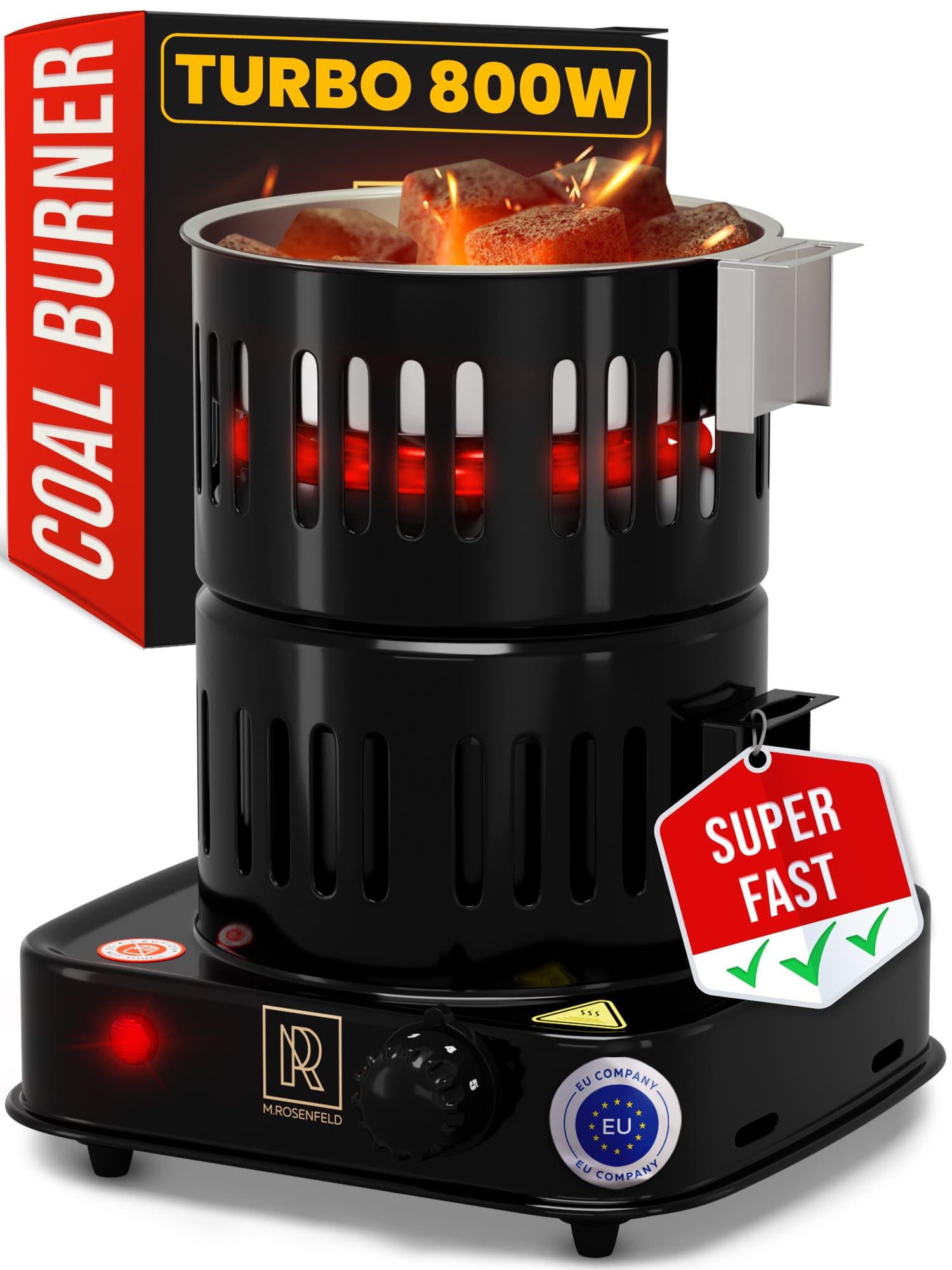 M. ROSENFELD 800W Electric Charcoal Starter - UL & STS Certified Charcoal Burner with Stainless Steel Tongs - Fast Heating Hot Plate for BBQ, Grilling & Camping - 304 Stainless Steel Construction - Perfect for Backyard Cookouts & Outdoor Adventures