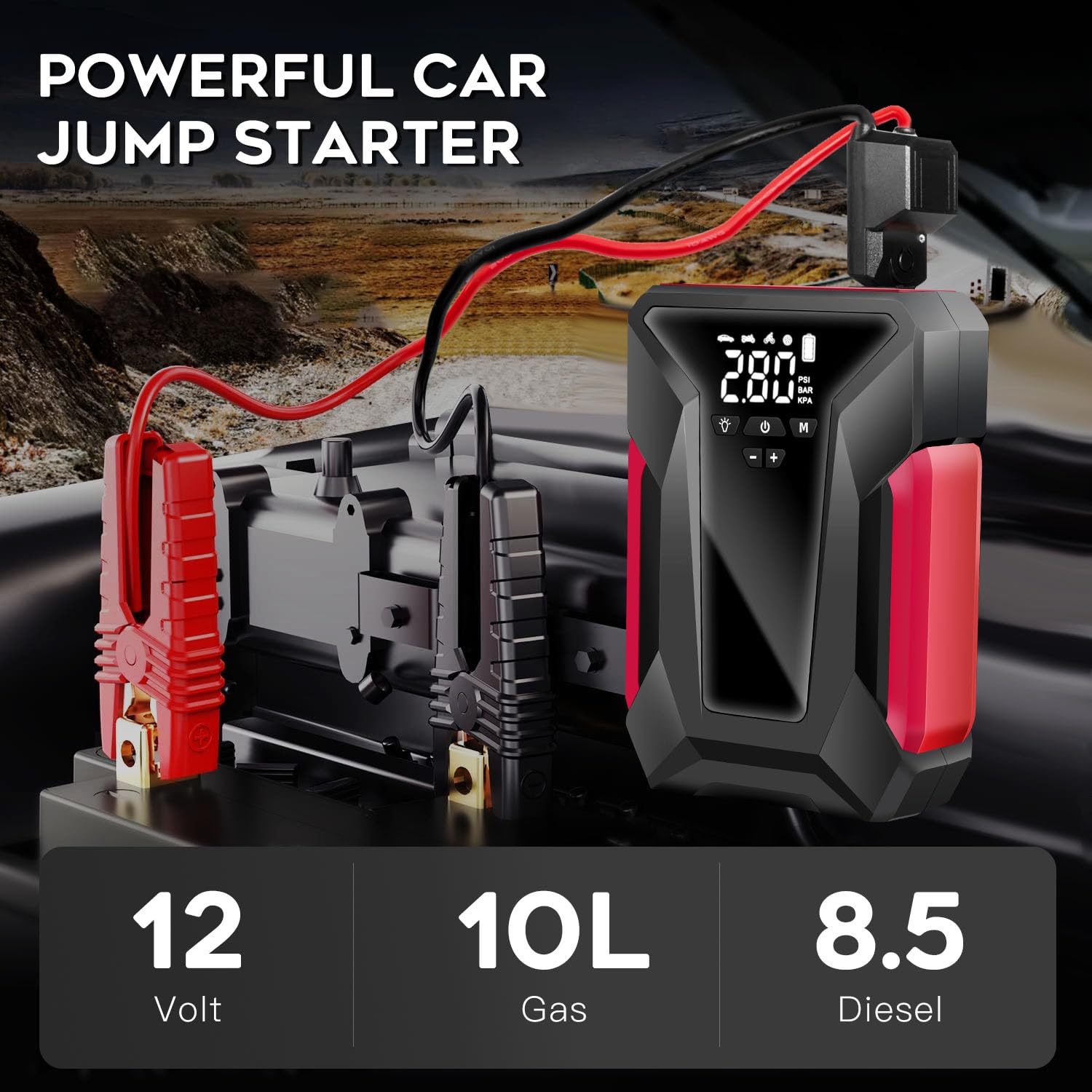 4000A Peak Car Jump Starter with Air Compressor - 12V Portable Battery Booster for Gas (Up to 10L) & Diesel (8.5L) Vehicles - Emergency LED Light, Power Bank & Leather Storage Bag Included - Perfect for Roadside Emergencies, Camping & Winter Travel