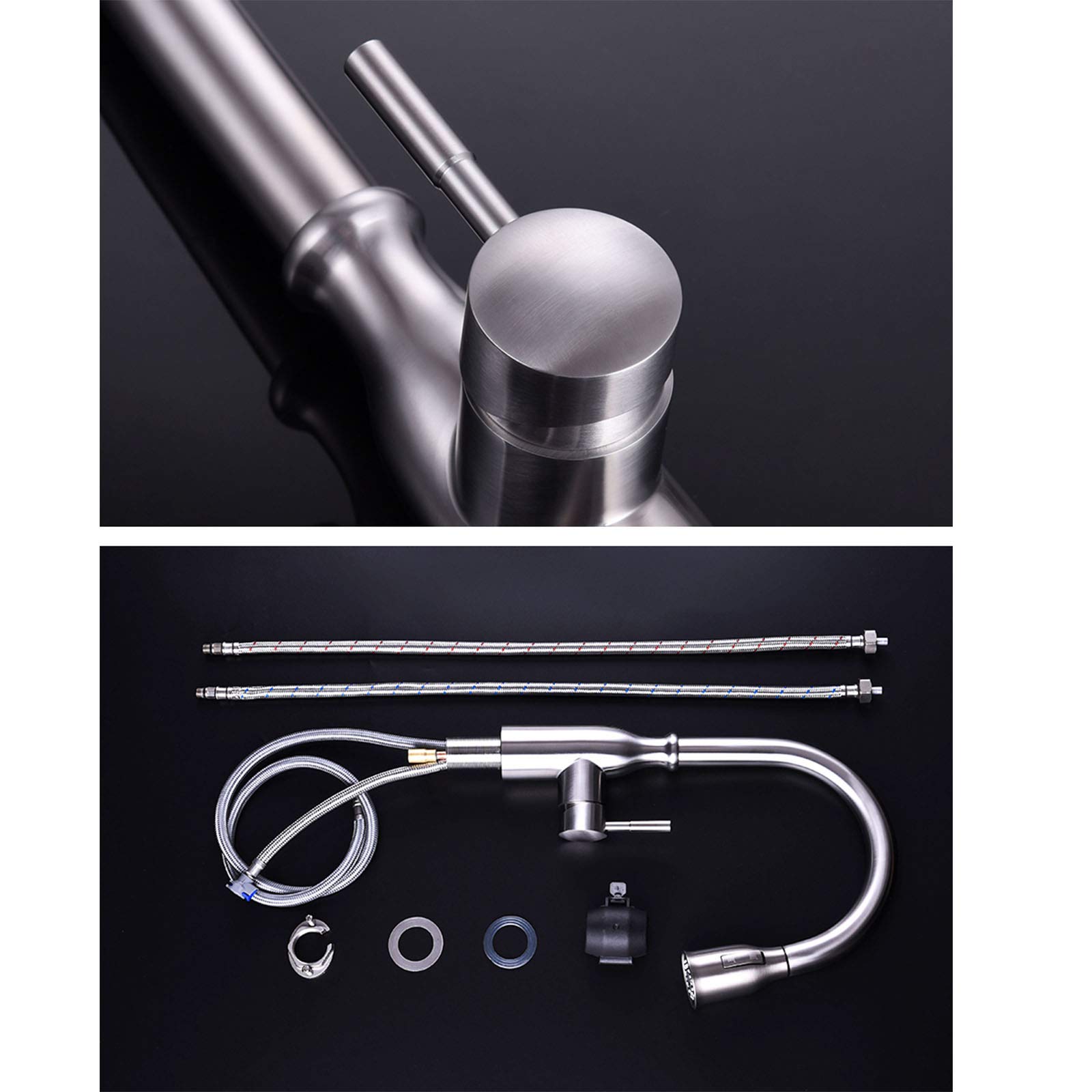Single Handle Pull-Out Kitchen Faucet with 360° Swivel, Brushed Nickel Deck-Mounted Cold & Hot Water Mixer Tap for Modern Kitchens