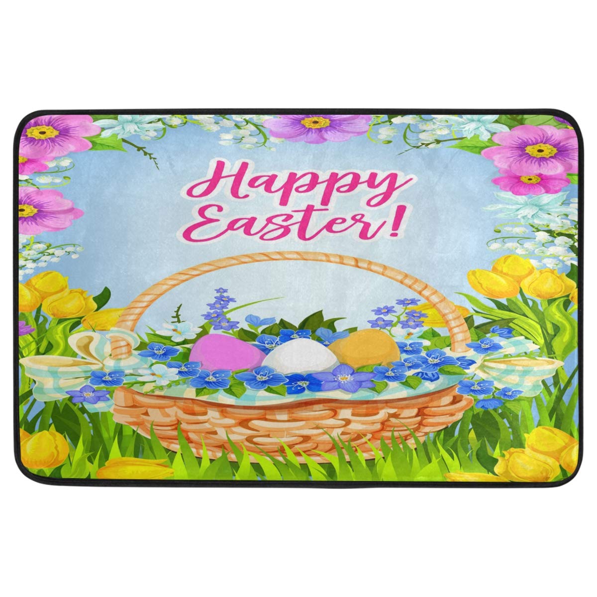 Easter Eggs Spring Flowers Doormat - Non-Slip Washable Indoor/Outdoor Welcome Mat (23.6x15.7 Inch) for Front Door, Bathroom & Easter Decor - Perfect for Spring Home Decor & Holiday Celebrations