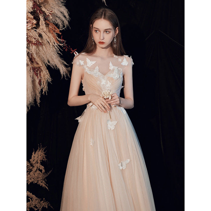 Elegant Light Champagne A-Line Butterfly Tulle Prom Dress for Fairy Formal Party | Homecoming, Quinceañera, Wedding Guest Gown (Style 317)