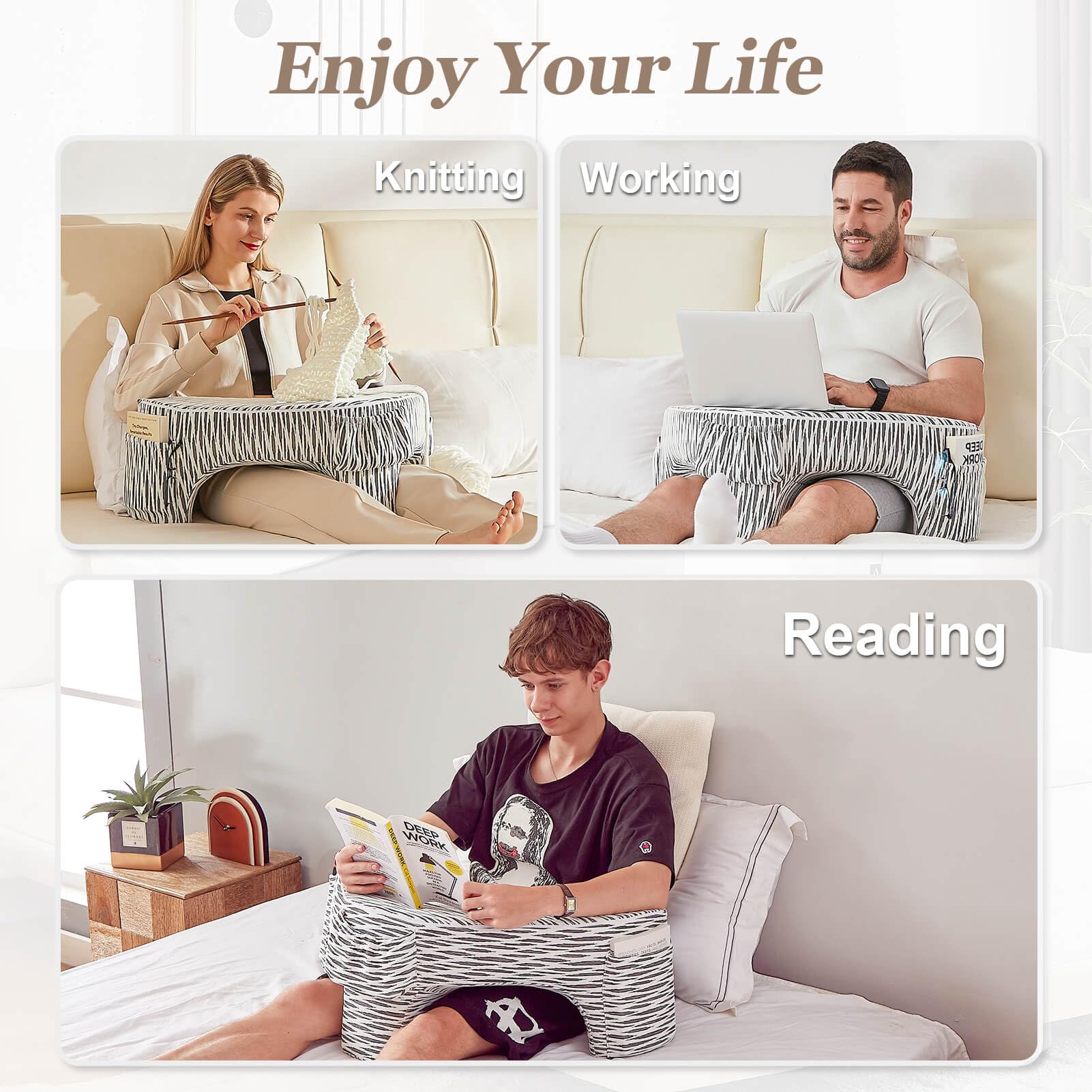 Heart-Shaped Reading Pillow with Lap Desk - Soft Gaming & Book Cushion for Bed, Sofa & Floor - Black & White Stripes - Perfect for Reading, Working & Relaxing at Home