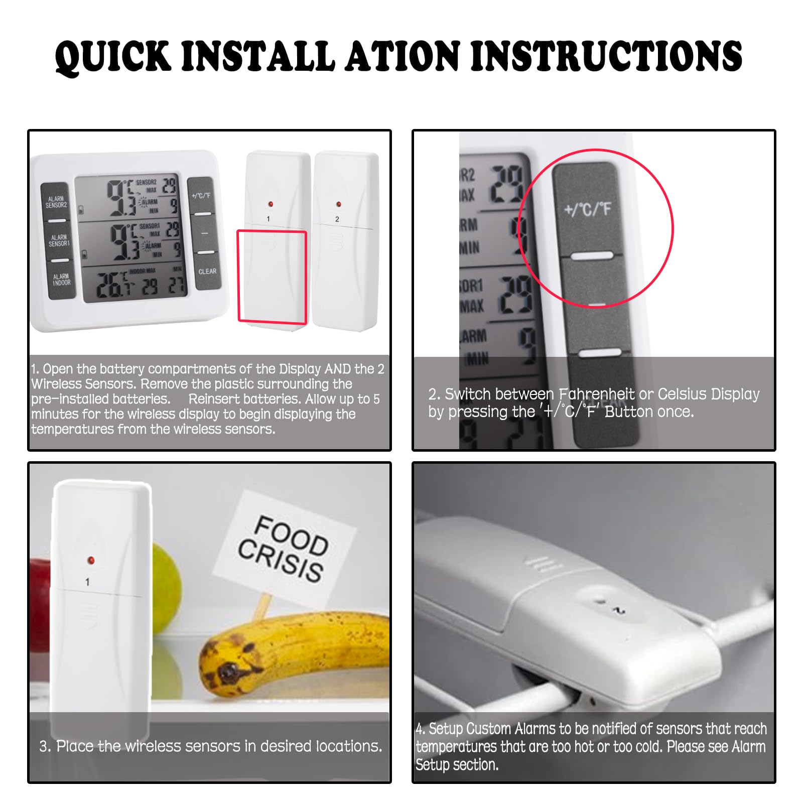 Freezer Alarm with Audible Alert & 2 Wireless Sensors - Indoor/Outdoor Refrigerator Thermometer for Home Kitchen - Monitor Food Safety in Freezers, Fridges & Garages