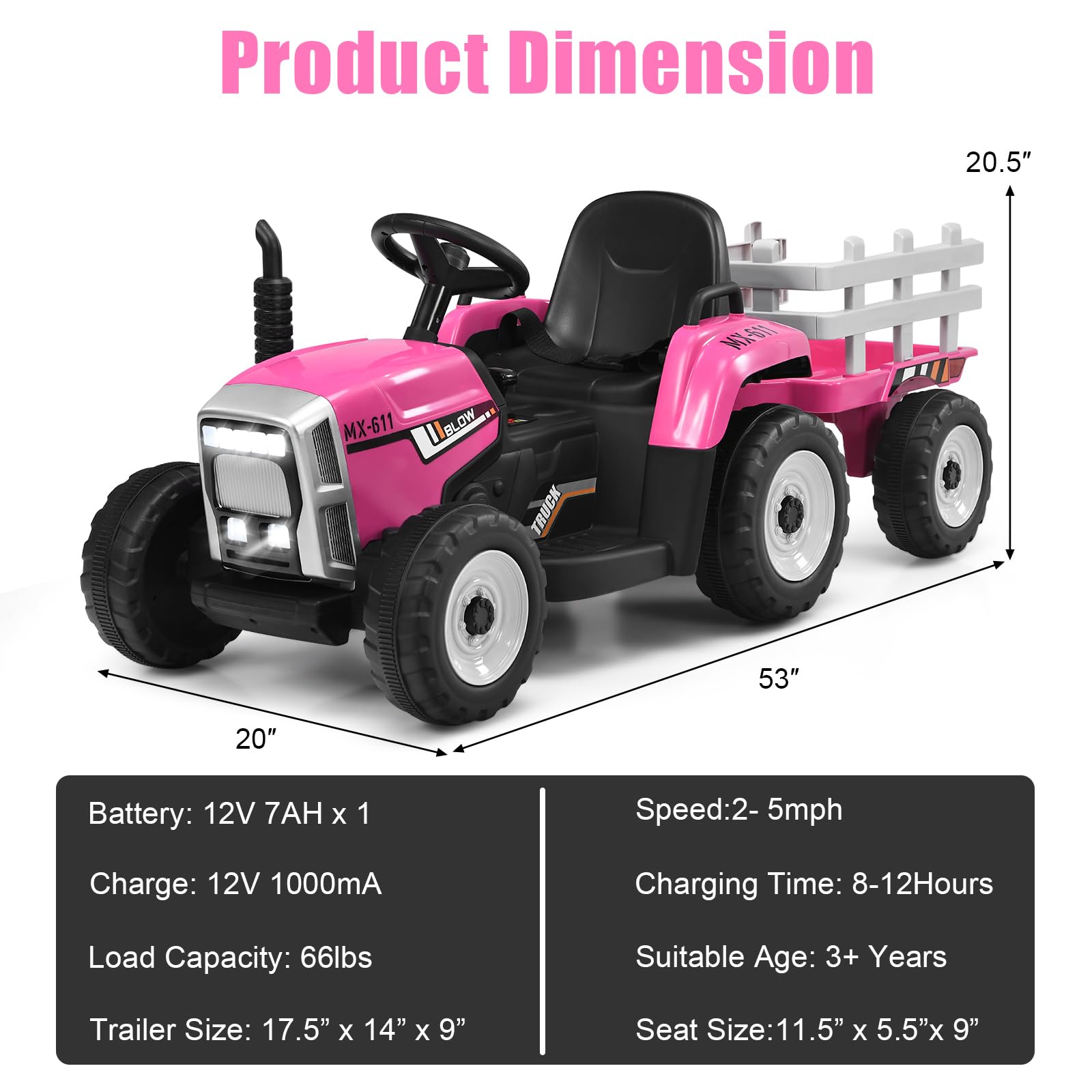 Costzon 12V Kids Electric Ride-On Tractor with Detachable Trailer - 3-Speed Gear Shift, Wireless Remote Control & USB Port, 7 LED Headlights - Pink Tractor Toy for Boys & Girls Ages 3+ | Outdoor Play, Backyard Fun, Birthday Gift Idea