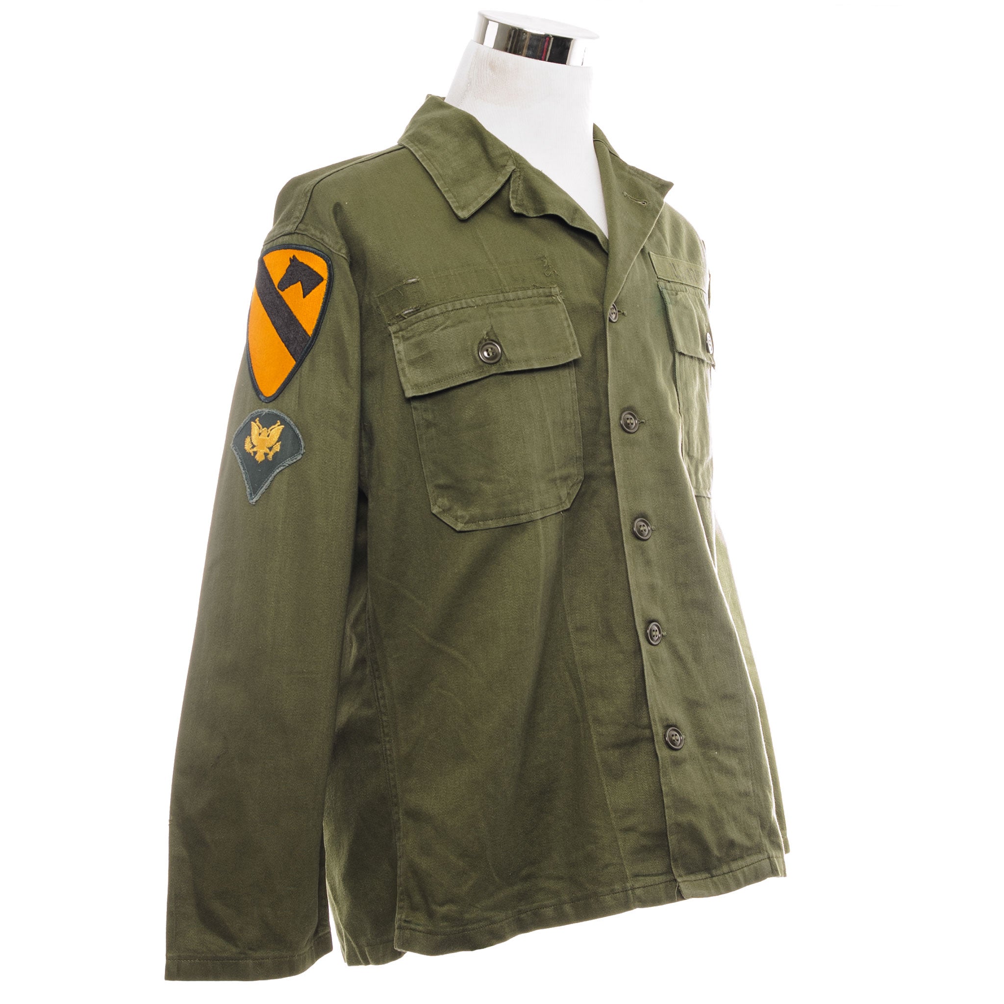 Vintage US Army Utility Shirt P58 1960s Vietnam War Era - 1st Cavalry Division FORSCOM Specialist E4 Patched - Size Medium - Military Collectible & Reenactment Gear