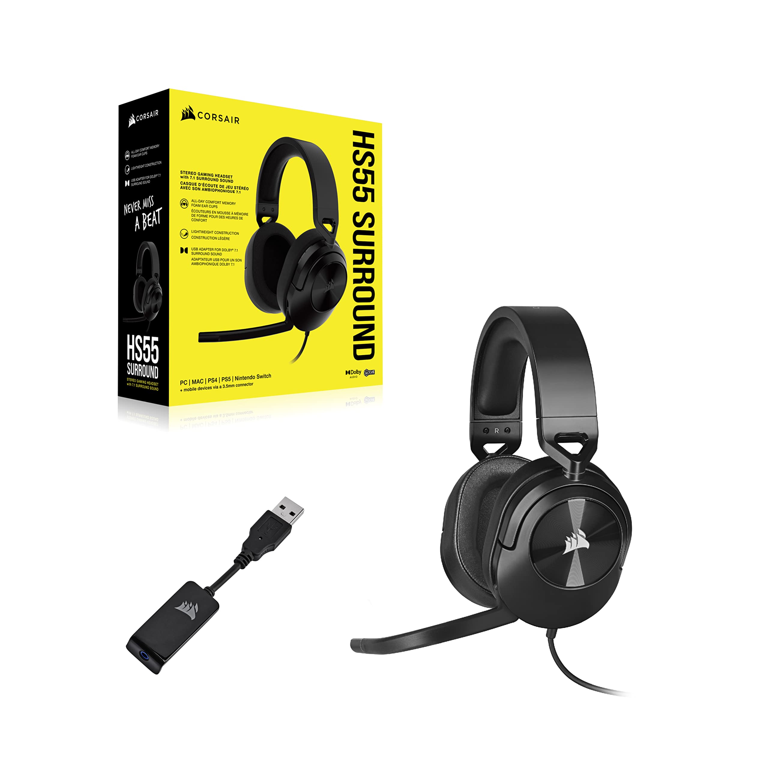 Corsair HS55 Wireless Gaming Headset with Dolby Audio 7.1 Surround Sound - Lightweight Over-Ear Headphones with Memory Foam Ear Pads & Noise-Cancelling Mic for PC, Mac, PS5, Xbox, Nintendo Switch - Perfect for FPS, Streaming & Online Gaming