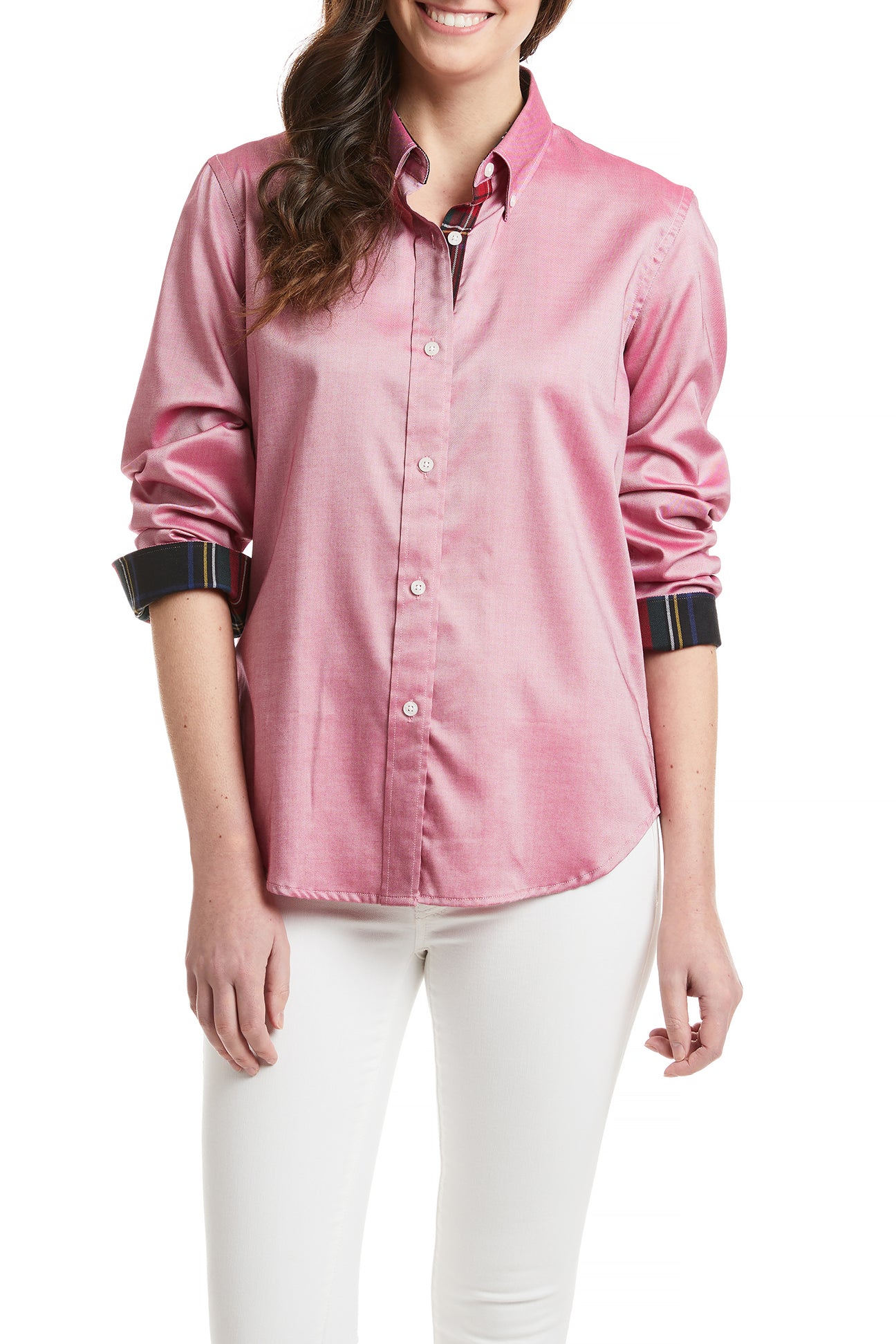 Women's Red Oxford Button Down Shirt with Black Stewart Trim - Perfect for Office, Casual Wear & Business Meetings