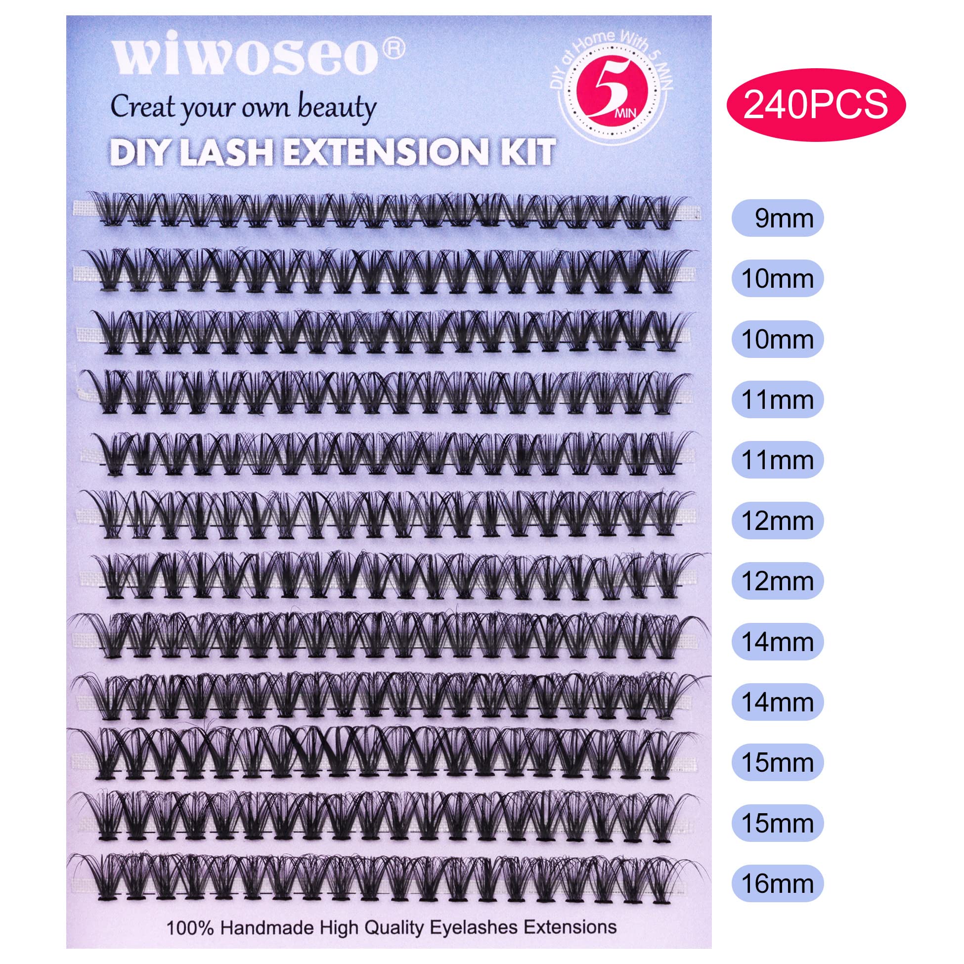 Wiwoseo False Eyelashes Cluster Lashes Extensions - Fluffy Russian Volume Lashes Kit with Lash Glue for DIY Eyelash Extensions | Natural Looking Individual Lashes for Home Application & Professional Salon Use | Perfect for Weddings, Parties and Daily Makeup Looks