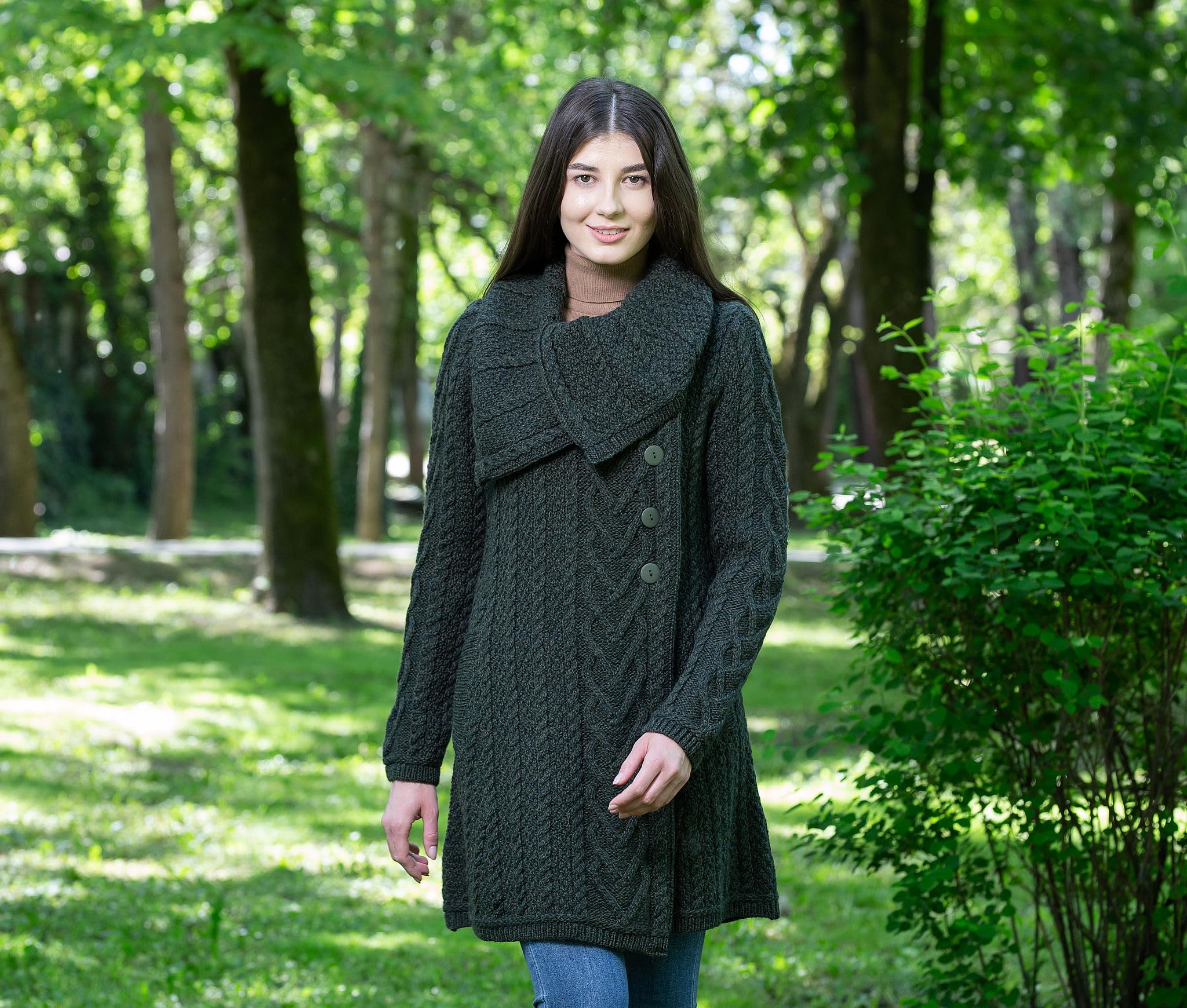 SAOL 100% Merino Wool Women's Classic Cable Knit Cardigan Sweater - Irish Coat with Pockets - Warm Winter Layering for Office, Travel & Casual Outfits
