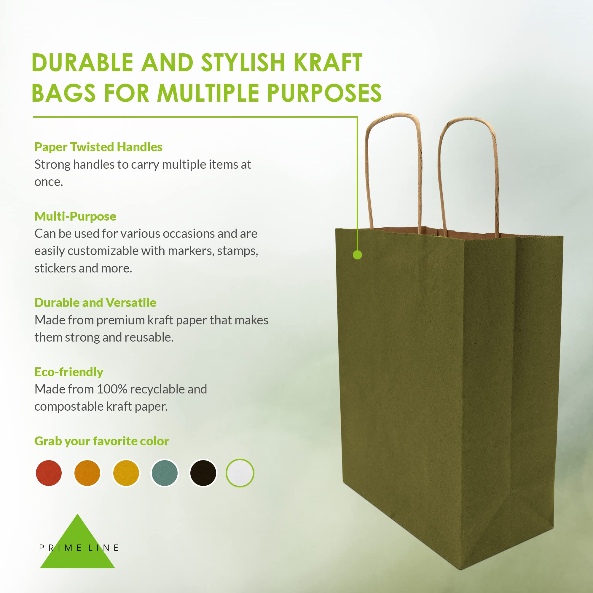 Premium 8x4x10 Inch Small Green Kraft Paper Gift Bags with Handles - 50 Pack Bulk Wholesale for Small Business, Boutique, Christmas Gifts, Party Favors & Retail Packaging | Eco-Friendly & Durable for Weddings, Baby Showers & Holiday Events
