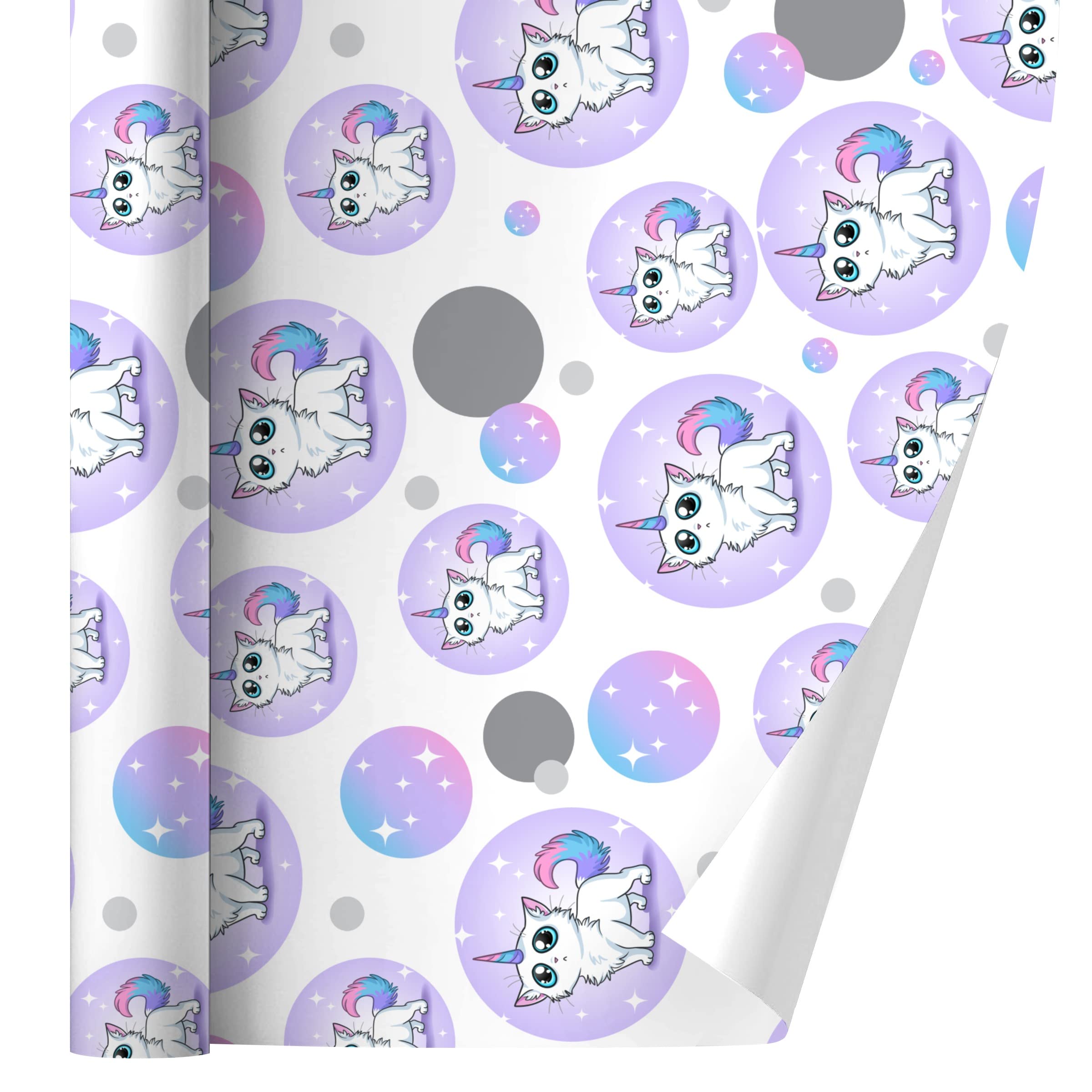 Premium Cat Unicorn Gift Wrap Paper Roll - Fun Birthday & Holiday Wrapping Paper for Kids, Christmas, Valentine's Day Gifts - 24in x 10ft