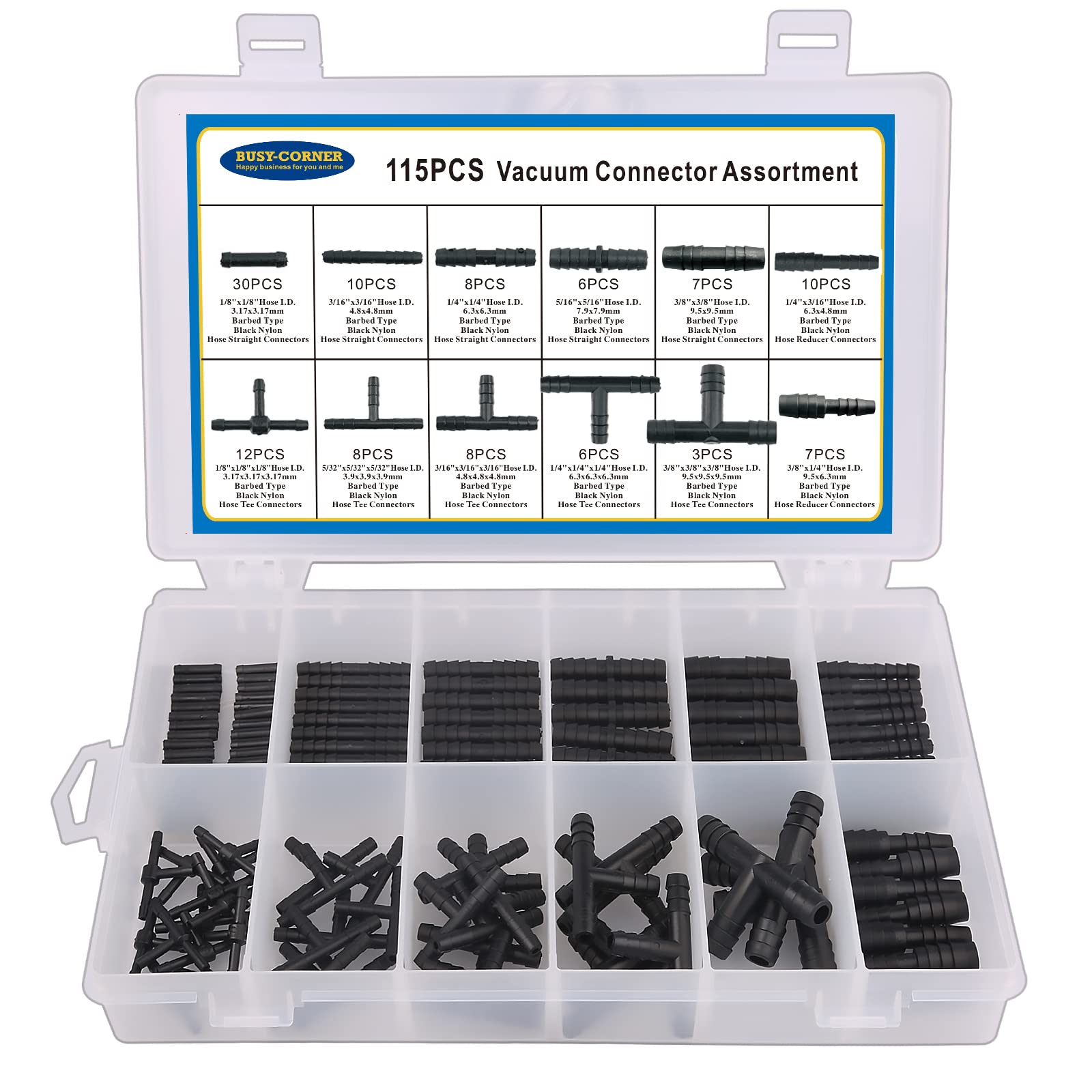 High-Temperature Vacuum Connector Assortment Kit - 240°C (460°F) Heat Resistant Nylon Automotive Vacuum Tubing Connectors & Tee Fittings - 115-Piece Set by BUSY-CORNER - Perfect for Car Engine Repairs, HVAC Systems, and Industrial Applications