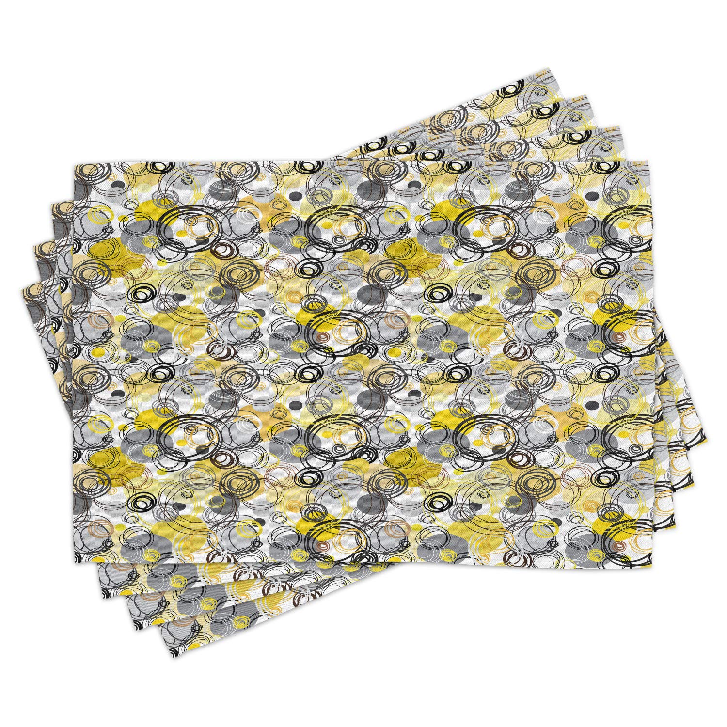 Ambesonne Grey and Yellow Place Mats Set of 4 - Hand Drawn Geometric Retro Circles Design - Washable Fabric Dining Table Mats for Kitchen & Home Decor - Perfect for Dinner Parties, Holiday Meals & Everyday Use (Brown, Beige, Black, White)