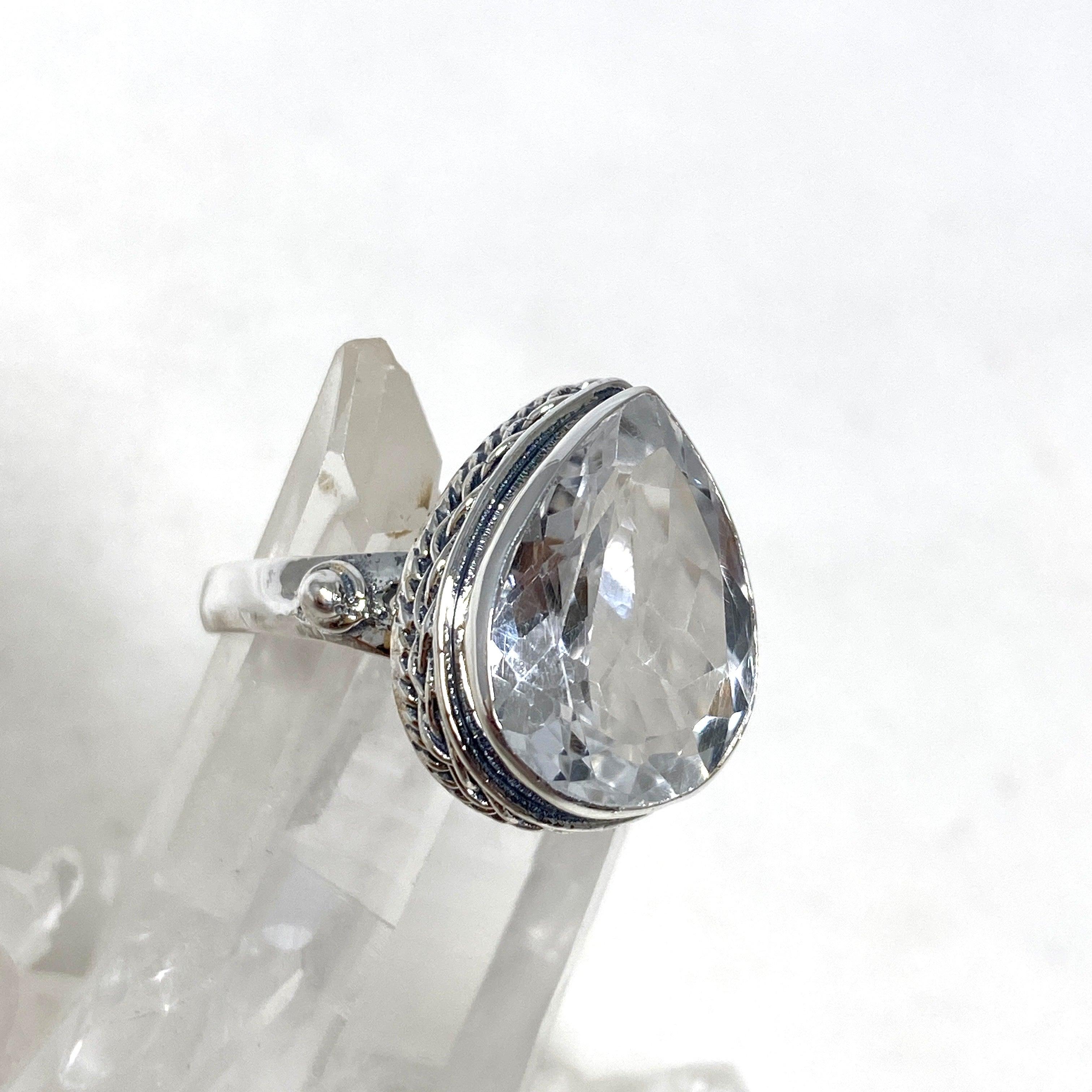 Clear Quartz Faceted Teardrop Ring in Decorative Setting R3817 - Elegant Crystal Jewelry for Women, Perfect for Weddings, Parties & Special Occasions