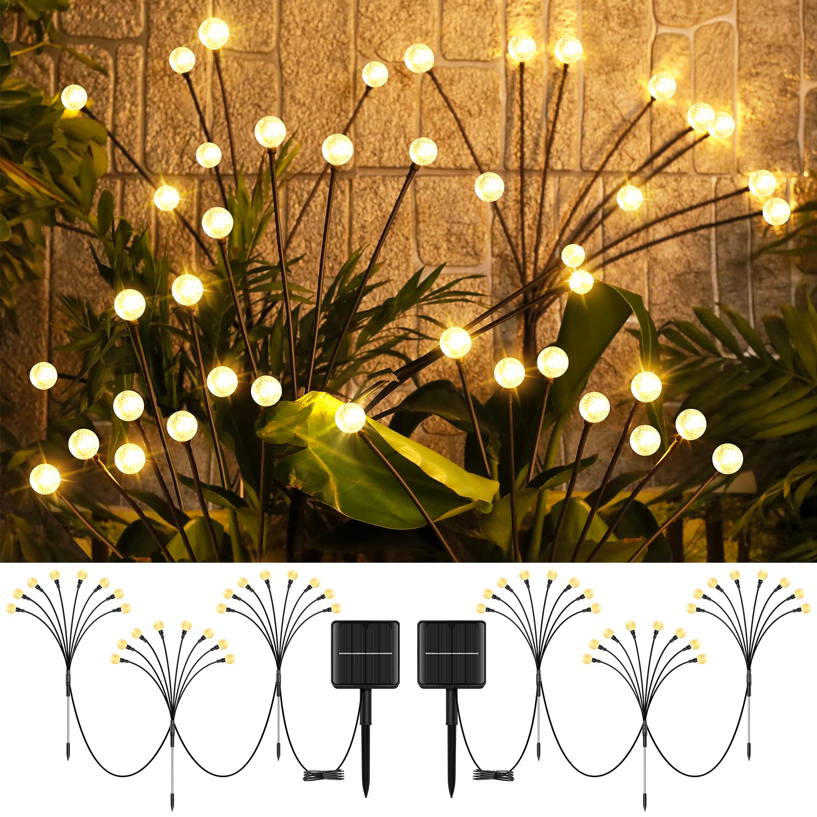 Upgraded Solar Outdoor Lights - 3-in-1 8LED Waterproof Garden Lights with Starburst Effect | Solar-Powered Firefly Lights for Yard, Patio, Pathway & Landscape Decor | Perfect for Outdoor Parties, Romantic Evenings & Pathway Lighting (2 Pack)