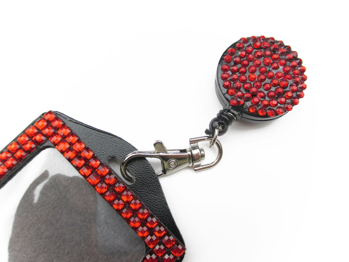 Premium All-in-One Rhinestone Lanyard with Bling Crystal Badge Reel & Card Holder for Business ID Cards - Elegant Red | Perfect for Office, Conferences, and Corporate Events