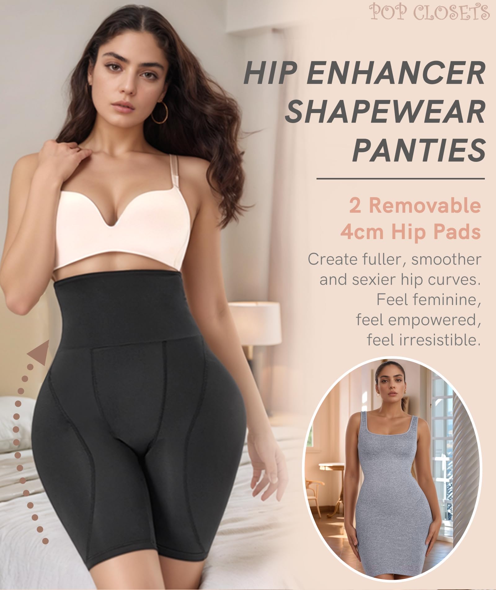 POP CLOSETS Women's Padded Shapewear Shorts - Hip Enhancer & Tummy Control Panties with Butt Pads for Bigger Booty | Comfortable Daily Wear & Special Occasion Outfits