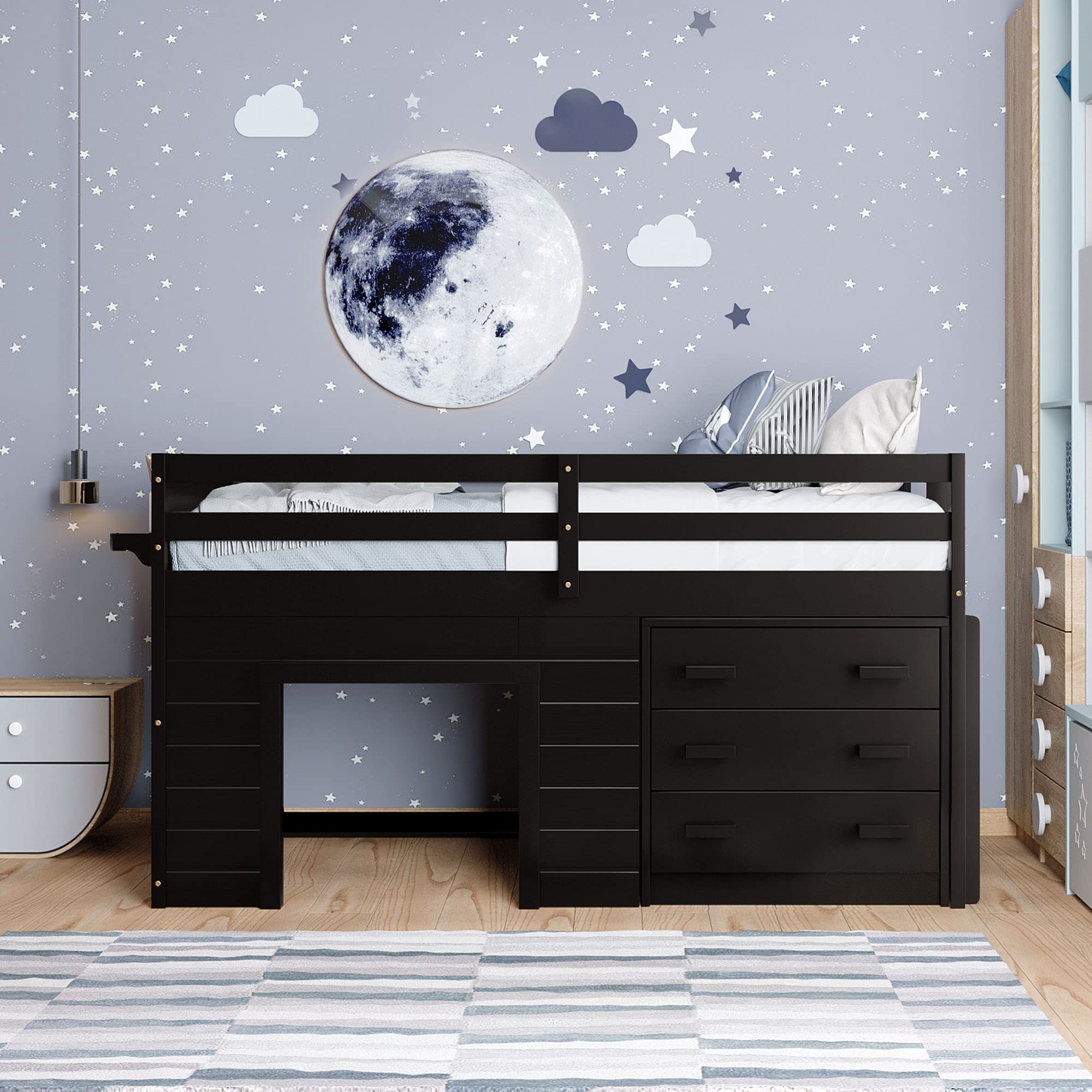 Twin Size Loft Bed with 3 Wide Drawers & Storage Shelf - Sturdy Wooden Bunk Bed for Teens, Kids & Small Spaces - Perfect for Dorm Rooms, Apartments & Bedroom Organization