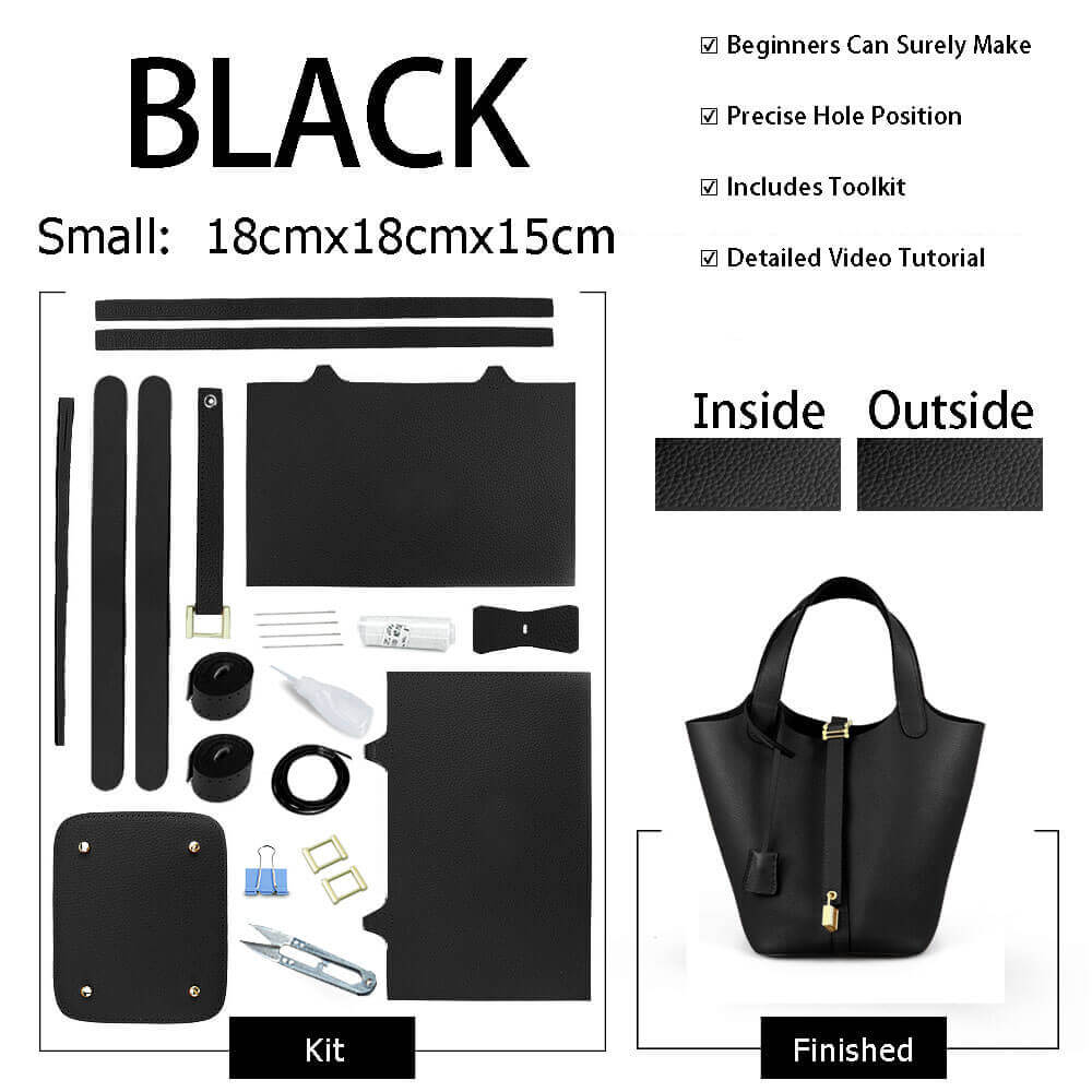 Premium Lined Togo Leather Picotin Bag DIY Kit - Handmade Luxury Tote Crafting Set for Women | Perfect for Gift Giving, Travel & Everyday Use