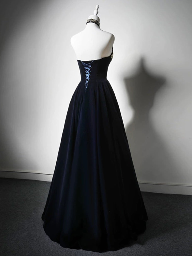 Elegant Dark Blue Velvet A-Line Prom Dress with Beaded Details - Perfect for Homecoming, Evening Gala & Formal Events