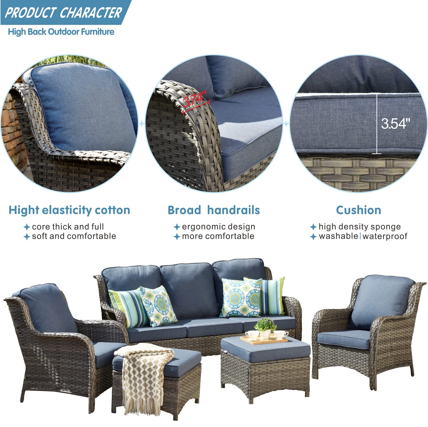 5-Piece All-Weather Wicker Patio Furniture Set - Outdoor Conversation Sofa with 2 Chairs & 2 Ottomans - Grey Wicker & Denim Blue - Perfect for Garden, Backyard, Deck & Poolside Relaxation