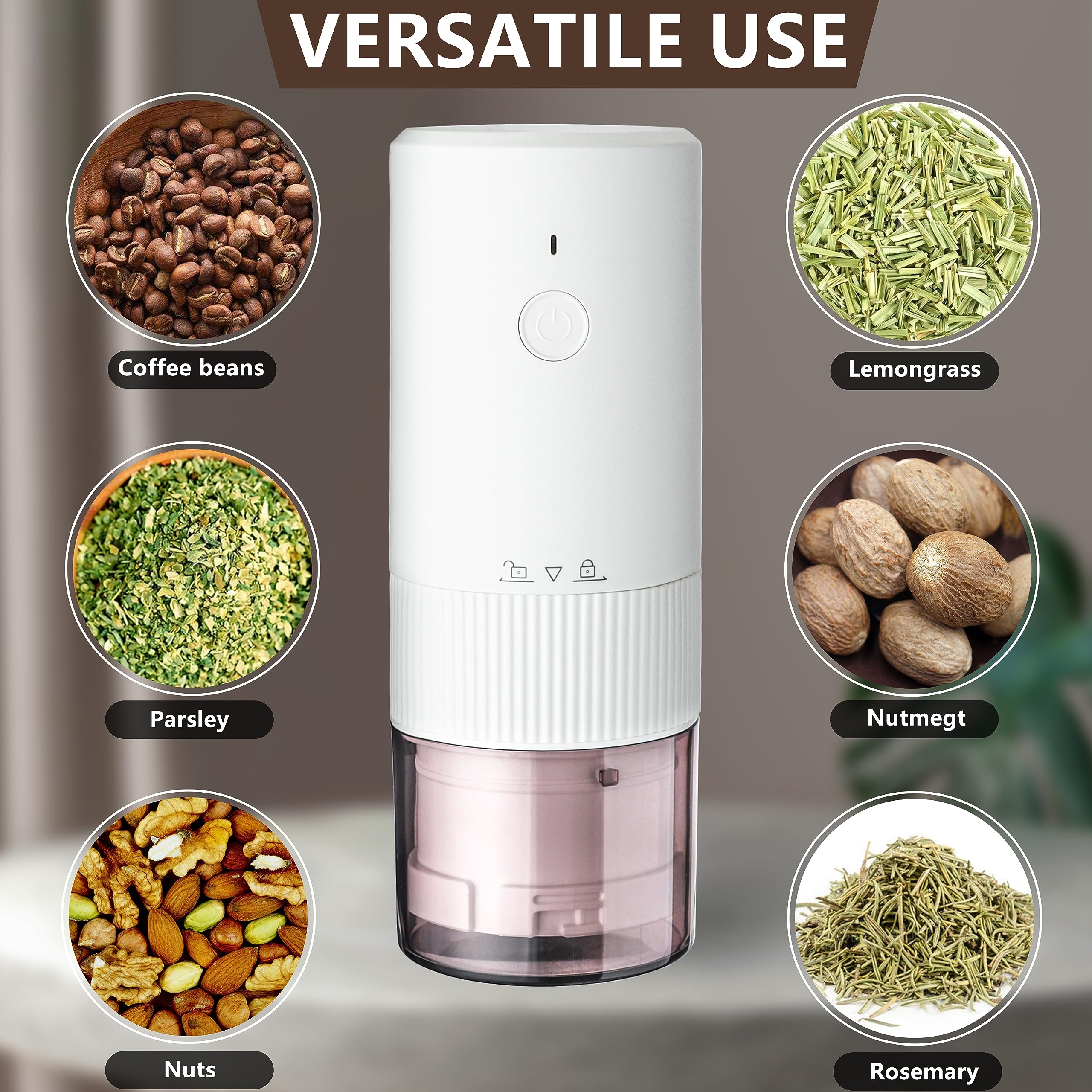 Premium Electric Coffee Grinder with Conical Burr - Adjustable Grind Settings for Espresso, French Press & Drip Coffee - Compact & Portable Travel Coffee Grinder (White) - Perfect for Home, Office & Camping Use