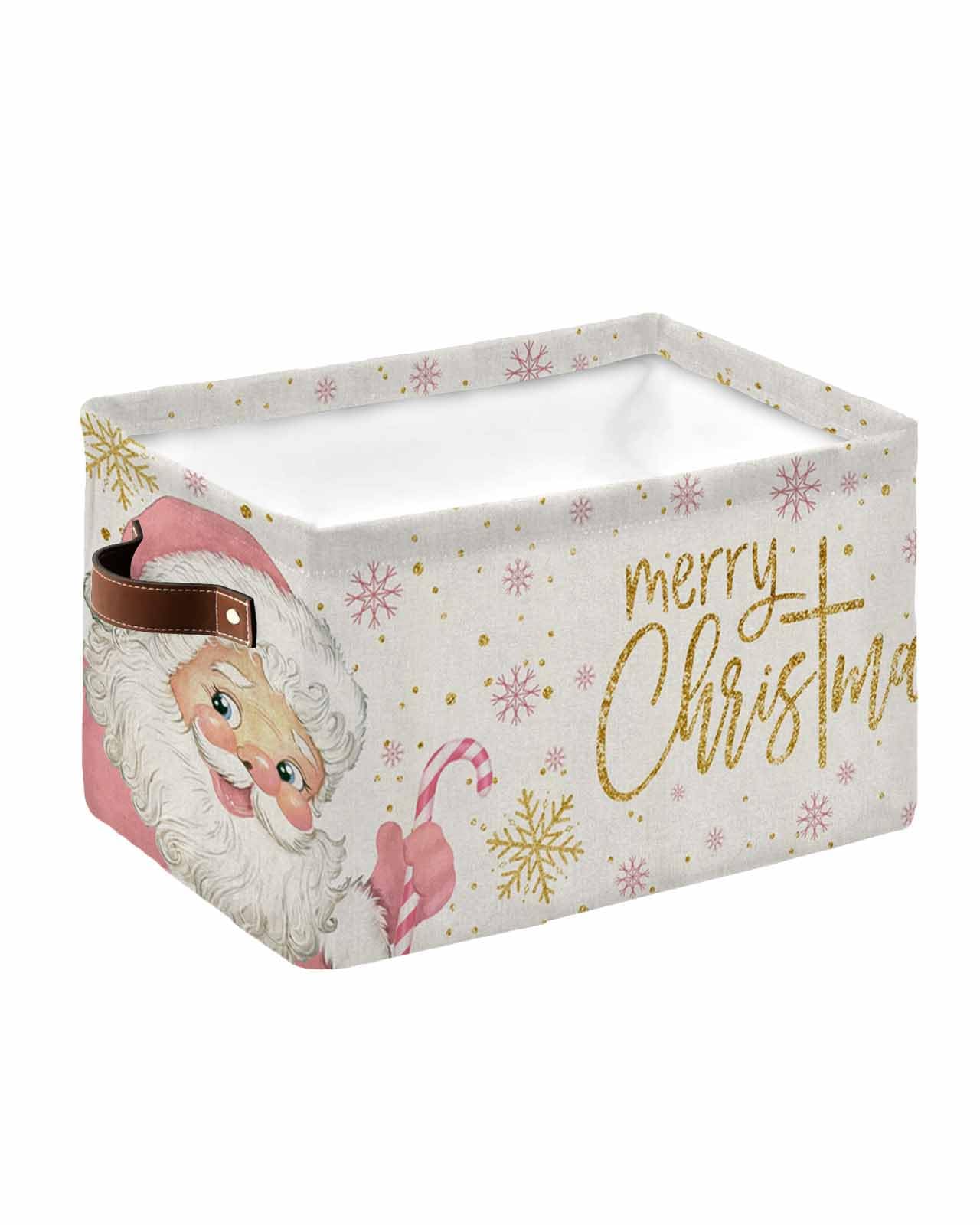 Large Pink Santa Claus Christmas Snowflakes Collapsible Storage Bins with Handles - Winter Snow Seamless Storage Baskets Cube Organizer for Shelves, Closet, Nursery | Perfect for Holiday Decor Storage, Kids' Toy Organization & Seasonal Home Organization