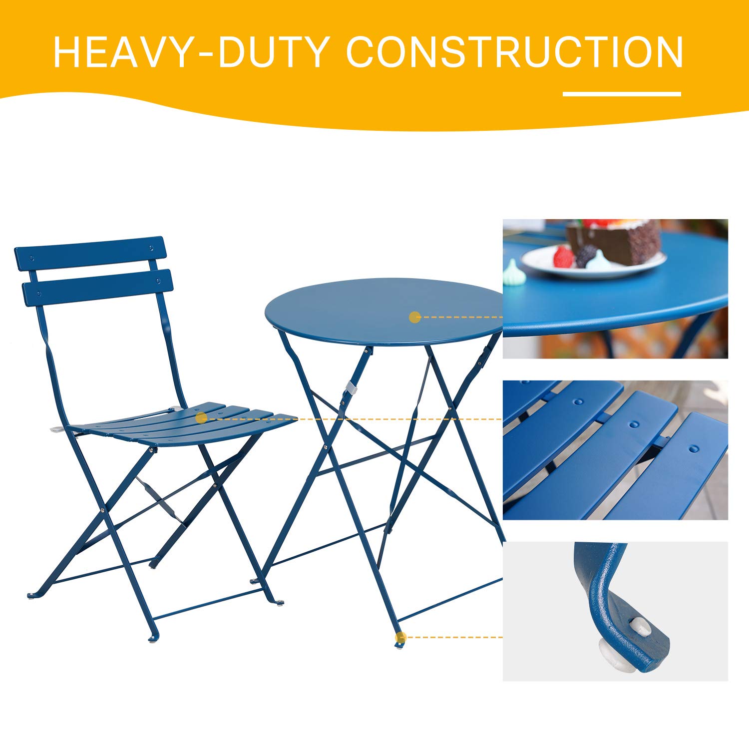 Peacock Blue 3-Piece Folding Bistro Set - Weather-Resistant Outdoor/Indoor Patio Furniture with 2 Chairs & 1 Table for Garden, Yard, Deck or Balcony - Perfect for Morning Coffee, Afternoon Tea and Outdoor Dining