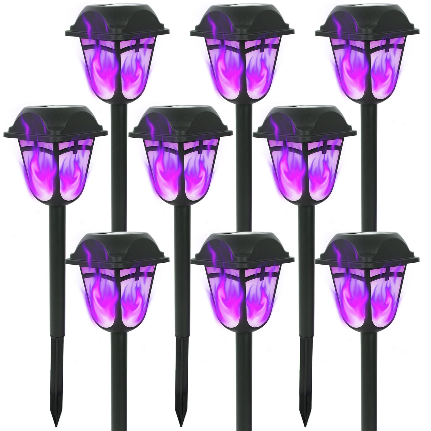 Dynaming Solar Purple Flame Torch Lights - 9 Pack Outdoor Halloween Pathway Lights with Flickering Flame Effect | Solar Powered Auto On/Off Garden & Lawn Decor | Perfect for Halloween Yard, Patio, Walkway & Pathway Lighting