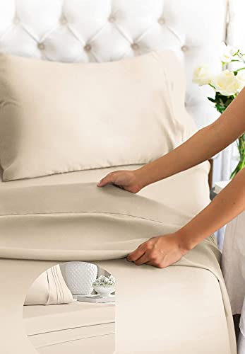 Luxurious 600 Thread Count 100% Cotton Sateen 4-Piece Bed Sheet Set - Ivory Solid, Fits Olympic Queen Mattress with 25