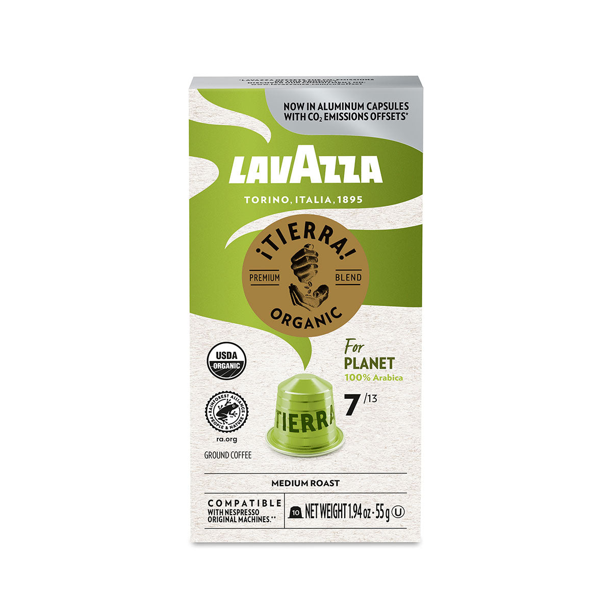 Lavazza ¡Tierra! Eco-Friendly Aluminum Nespresso Compatible Coffee Capsules - 10 Pack for Home & Office Use