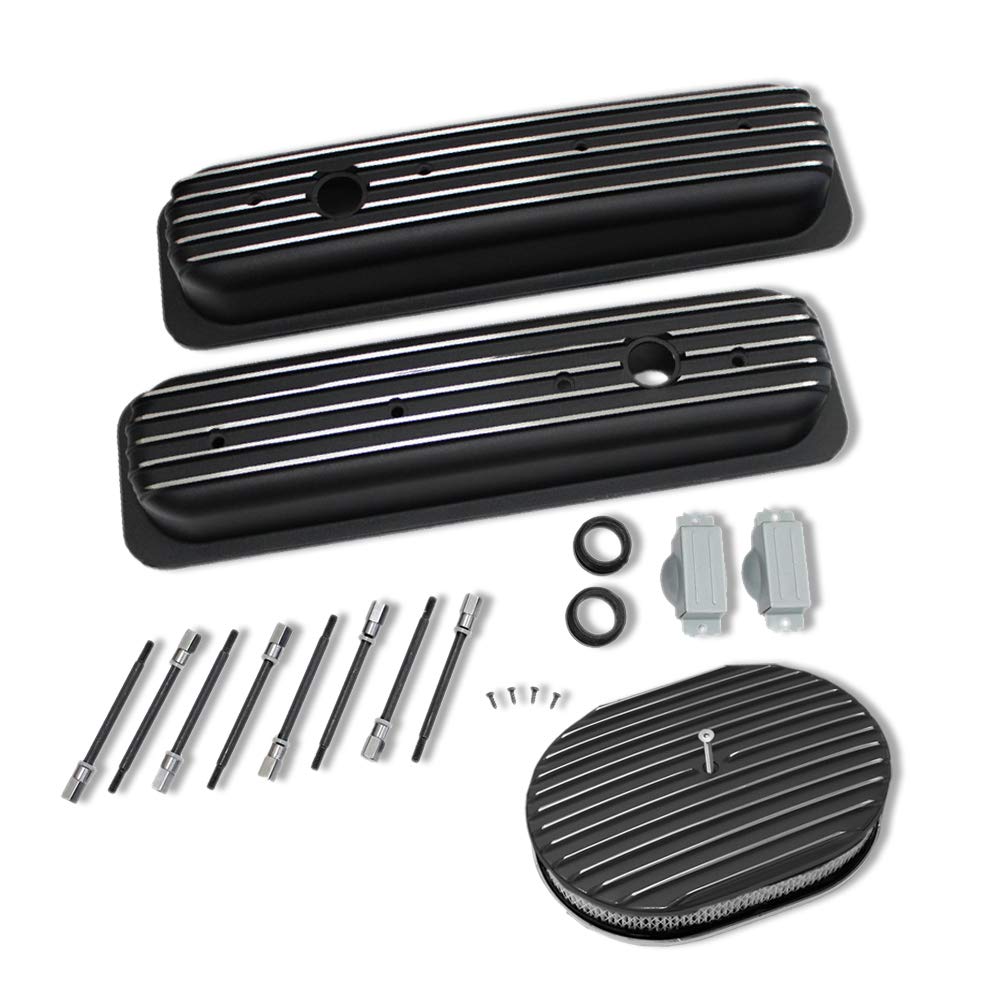 DEMOTOR PERFORMANCE Black Coated Center Bolt Short Valve Covers for SBC 305 350 Engines - Air Cleaner Dress Up Kit - High Performance Engine Upgrade for Chevy Small Block - Perfect for Car Shows & Hot Rod Builds
