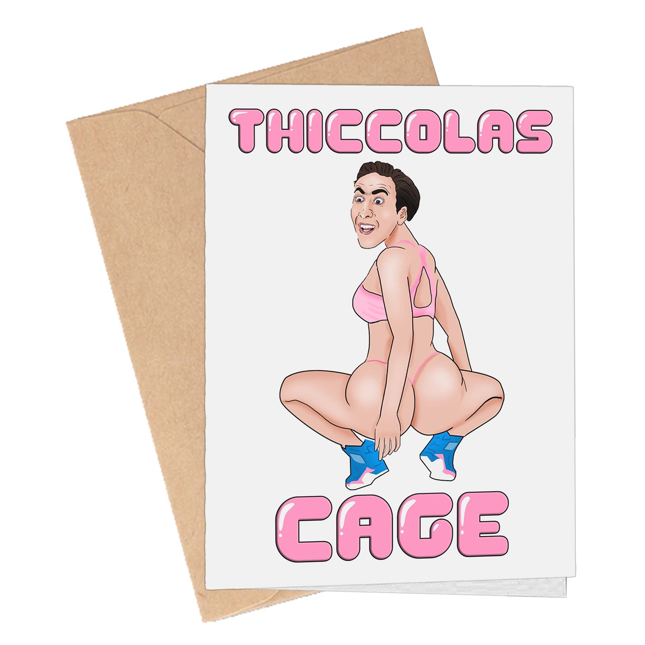Thiccolas Cage Funny Pun Greeting Card - Birthday & Anniversary Card with Dummy Thicc Nicolas Cage Meme | Perfect for Gag Gifts, White Elephant Parties & Pop Culture Fans