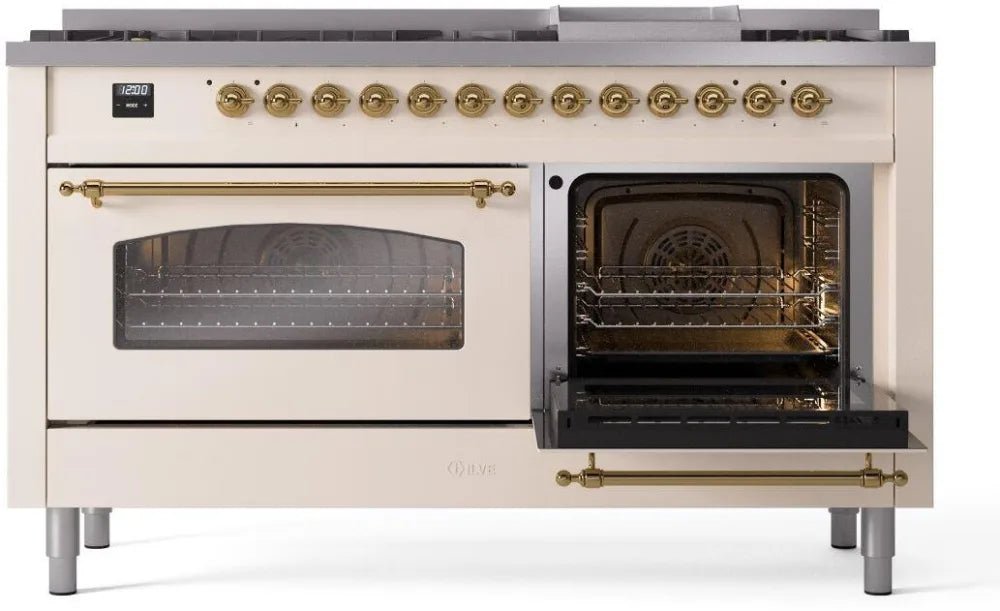 ILVE Nostalgie II 60-Inch Dual Fuel Natural Gas Range - Antique White with Brass Trim (UP60FNMPAWG) - Perfect for Vintage-Style Kitchens & Gourmet Cooking