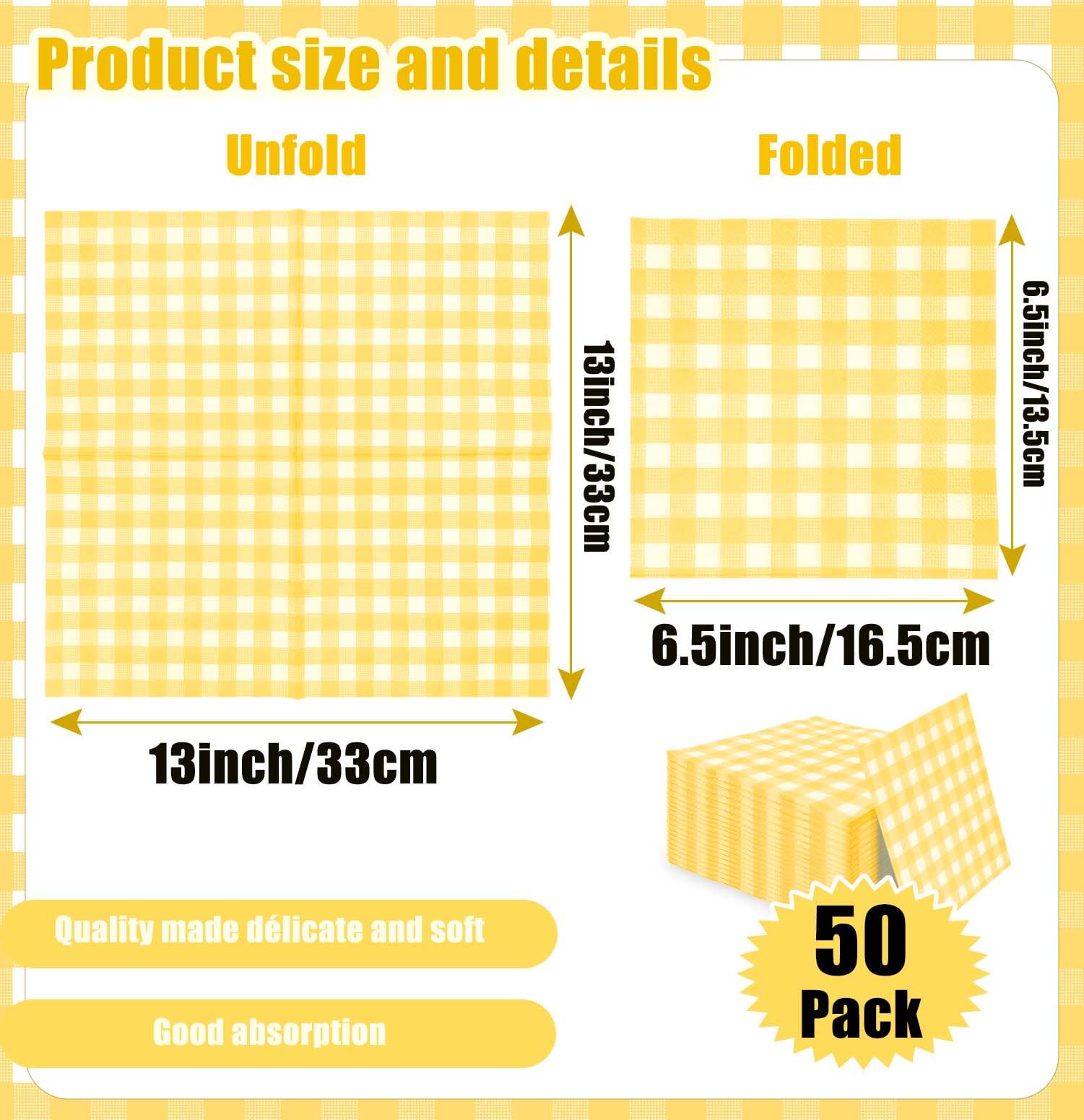 50-Pack SietDESEO 3-Ply Yellow Gingham Disposable Paper Napkins - Elegant Cocktail & Beverage Napkins for Weddings, Birthday Parties, Dinner Events & Guest Hand Towels - Perfect for Formal Dining & Special Occasions