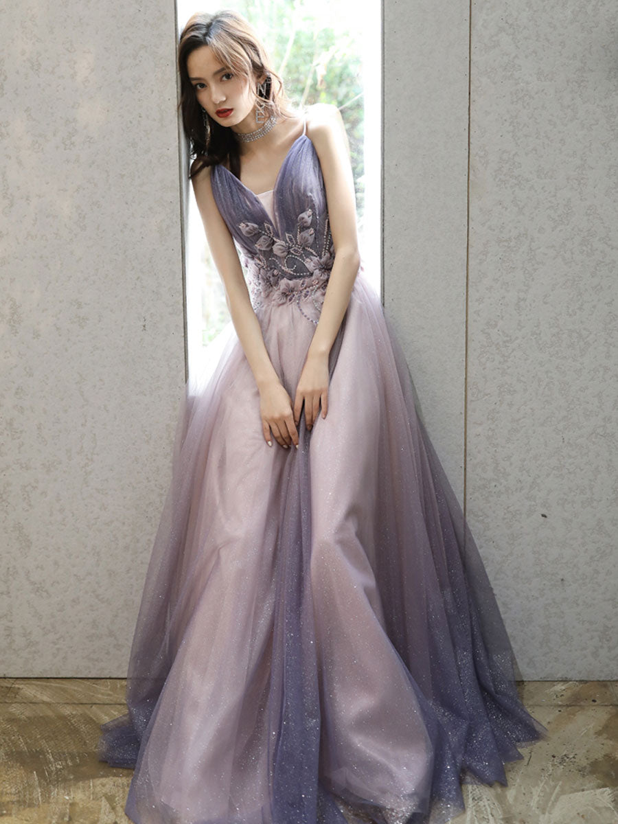 Elegant Purple V-Neck Tulle Long Prom Dress for Women - Formal Evening Gown for Homecoming, Ball, and Special Occasions